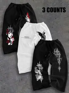 Men's 3-Pack Loose-Fit Drawstring Trousers, Floral Print, Soft Breathable, Street Style, Ideal for Gym and Daily Wear