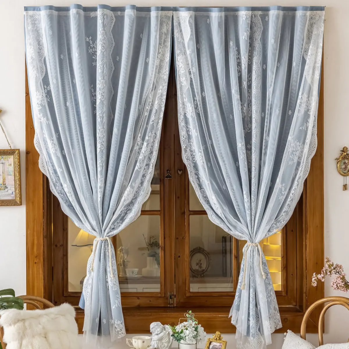 Light Blue Embroidered Lace Curtain, Vintage Style Privacy Screen, Soft Dual Layer Fabric, Ideal for Rental Homes, Study Rooms, Balconies, Closets
