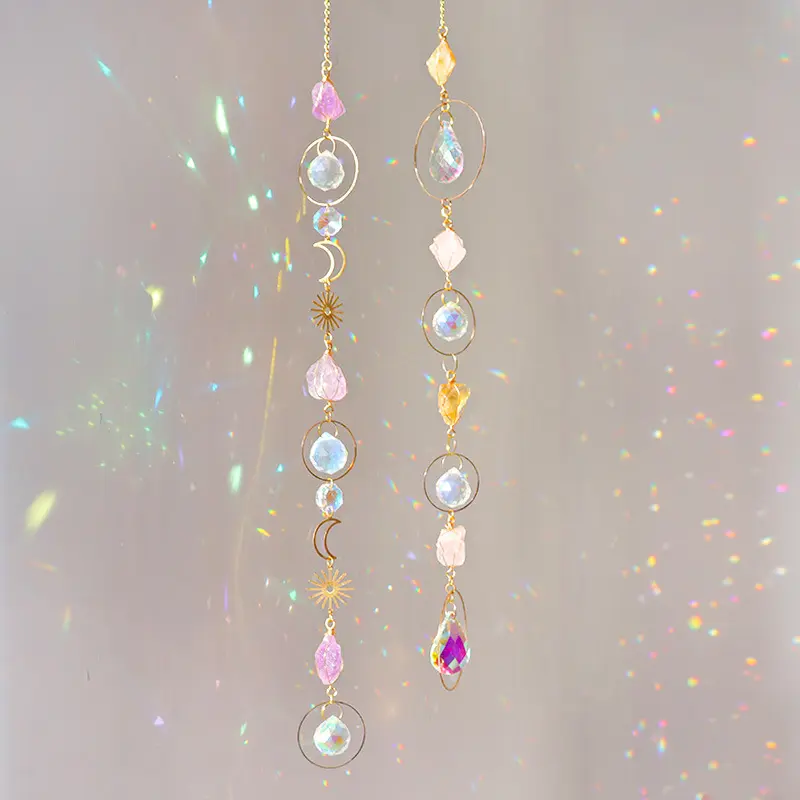 Crystal Suncatcher Hanging Decoration, Handmade Amethyst & Polyester Rainbow Maker Wind Chime for Home & Garden, Spiritual Bless Gift, Ornaments