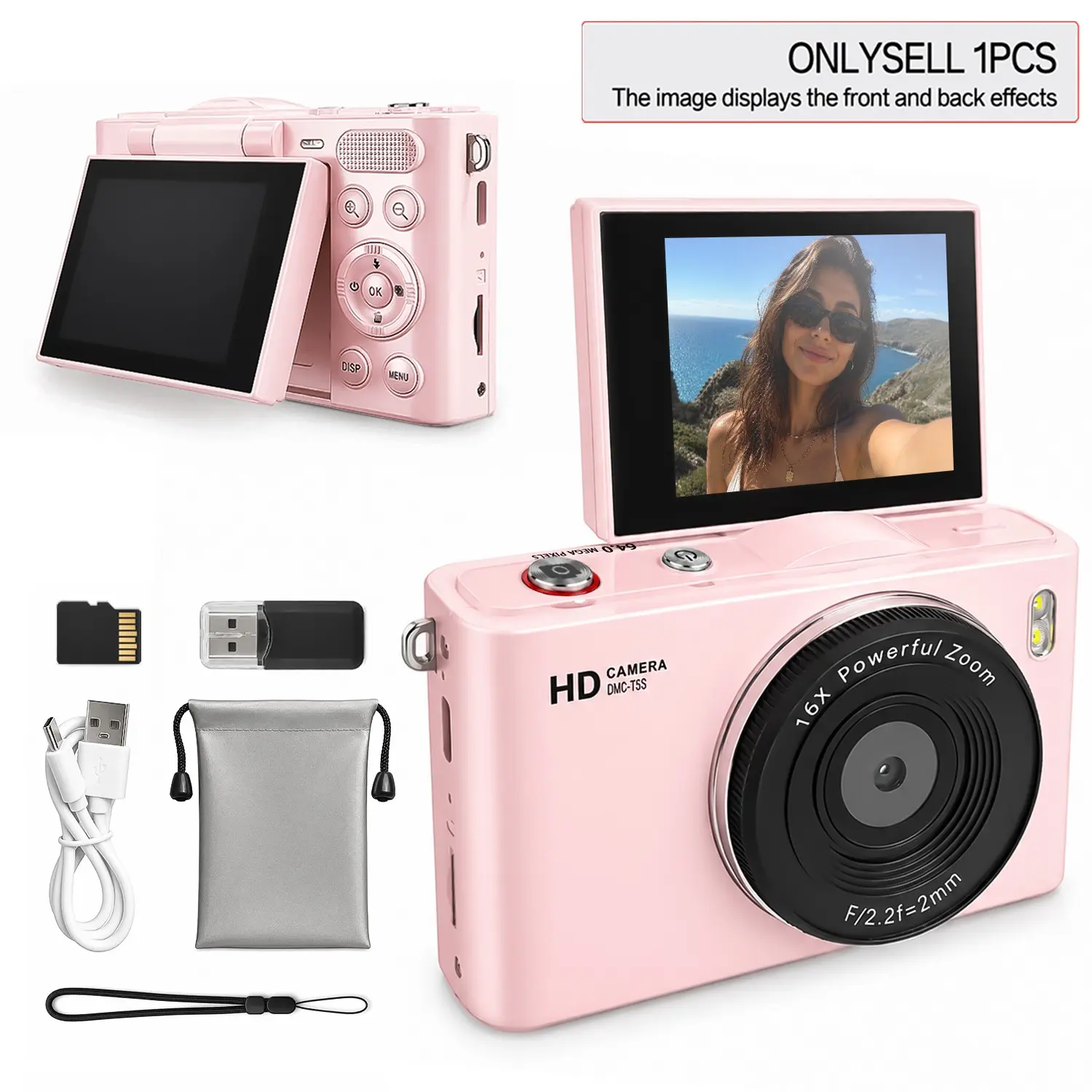 Portable Digital Camera, Point and Shoot Digital Cameras, Compact 180° Flip Screen, Includes Storage Card and Camera Bag, Ideal for Vlogging and Photography, Perfect Gift