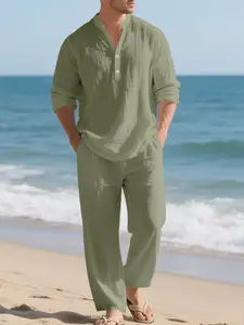 New Men's Linen Two-Piece Set, Loose Fit Casual Breathable V-Neck Henley Long Sleeve + Wide Leg Pants, Versatile Commuter