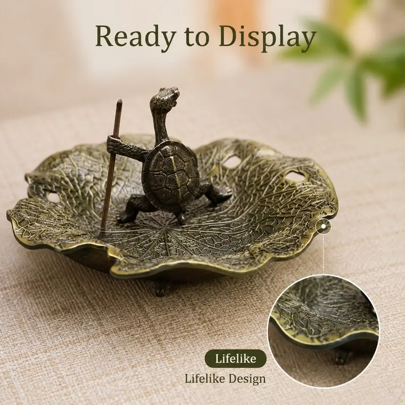 Vintage Alloy Kung Fu Turtle Incense Holder, Lotus Leaf Vein Tray Stick Incense Holder, Zen Tea Table Home Fragrance Decor Incense Stand, Incense Burner