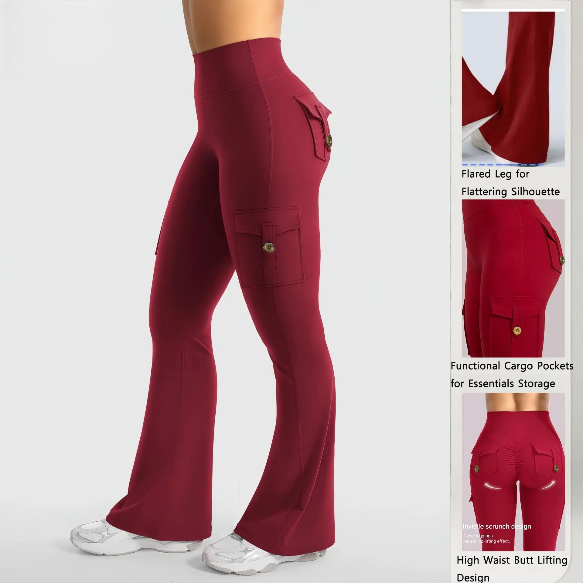 Women’s High Waisted Flare Leggings - Multi Cargo Pockets, No Front Seam, Contour Fit, Stretch Fabric, Breathable Soft Universal Sport Trousers for Gym, Daily Casual Wear, Gym Workouts, Gym Baddie, Athleisure Wear