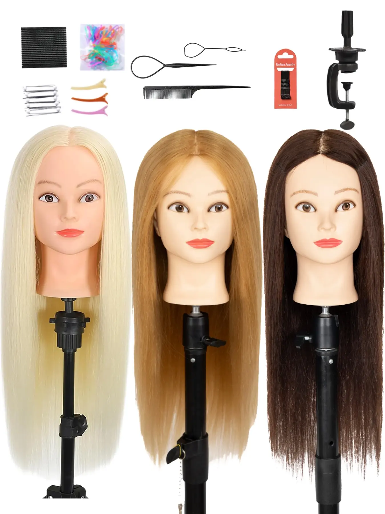 26 Inch 80% Real Human Hair Practice Mannequin Head with Clamp Stand and Complete Hair Styling Tools, 3 classic shades available. The hair can becut and braided freely, perfect for hairdressing students, salon trainees and DIY hairstyle enthusiasts