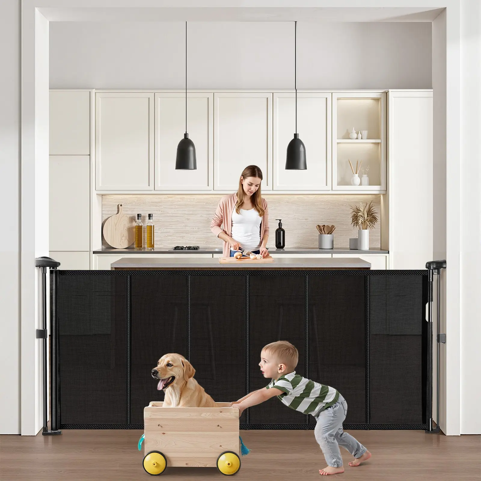 VEVOR Adjustable Mesh Retractable Baby Gate, 34 in Tall, Extends up to 71 in Wide, for Kids, Easy to Install for Indoor Stairs, Doorways, Black, Safe