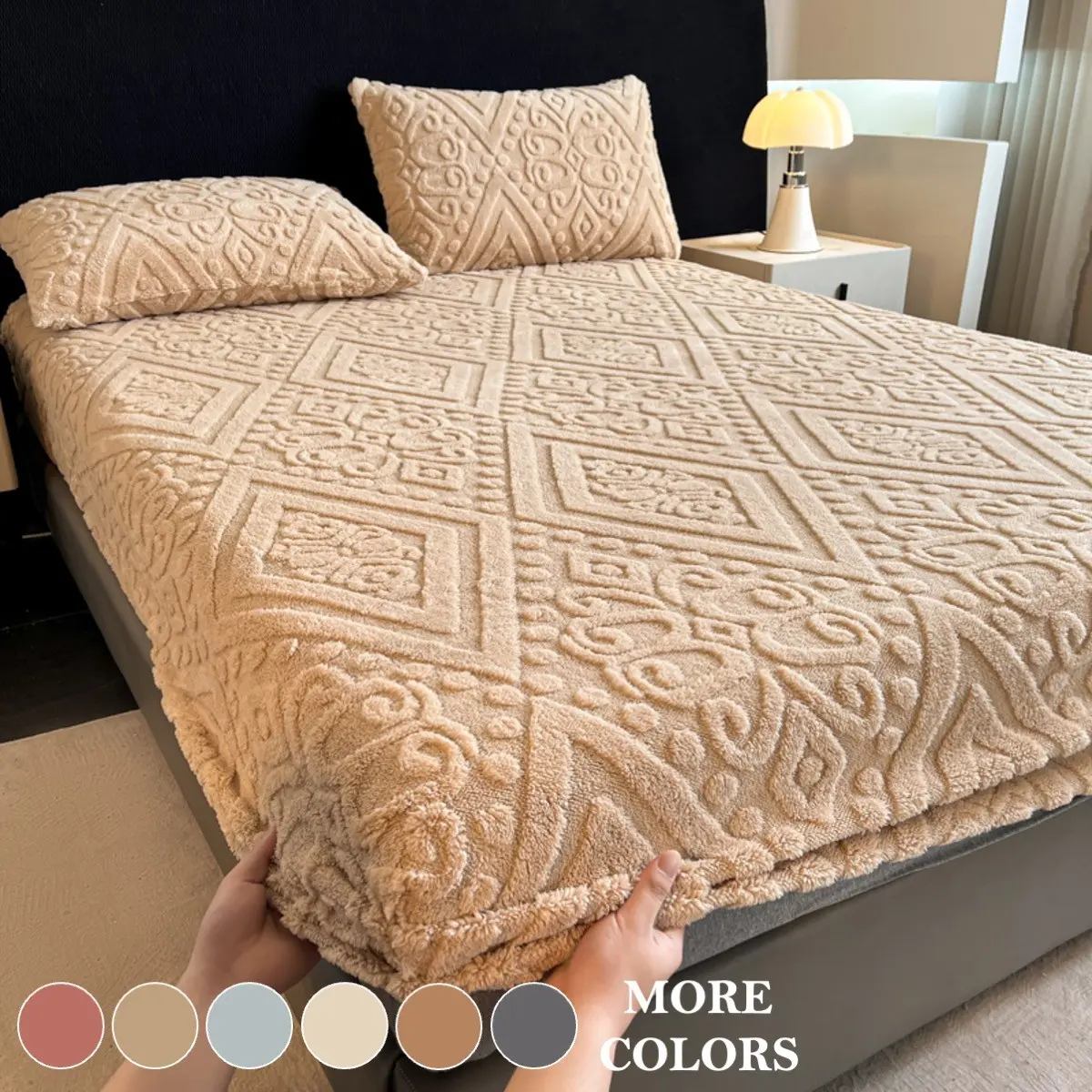 Luxury Jacquard Plush Fitted Sheet Set, 3D Embossed Floral Geometric Mattress Cover & Protector, Cozy Warm Deep Pocket Bedding with All-Around Elastic, Includes 1 Fitted Sheet and 1 or 2 Matching Pillowcases for Bedroom, Dorm, Guest Room and Hotel