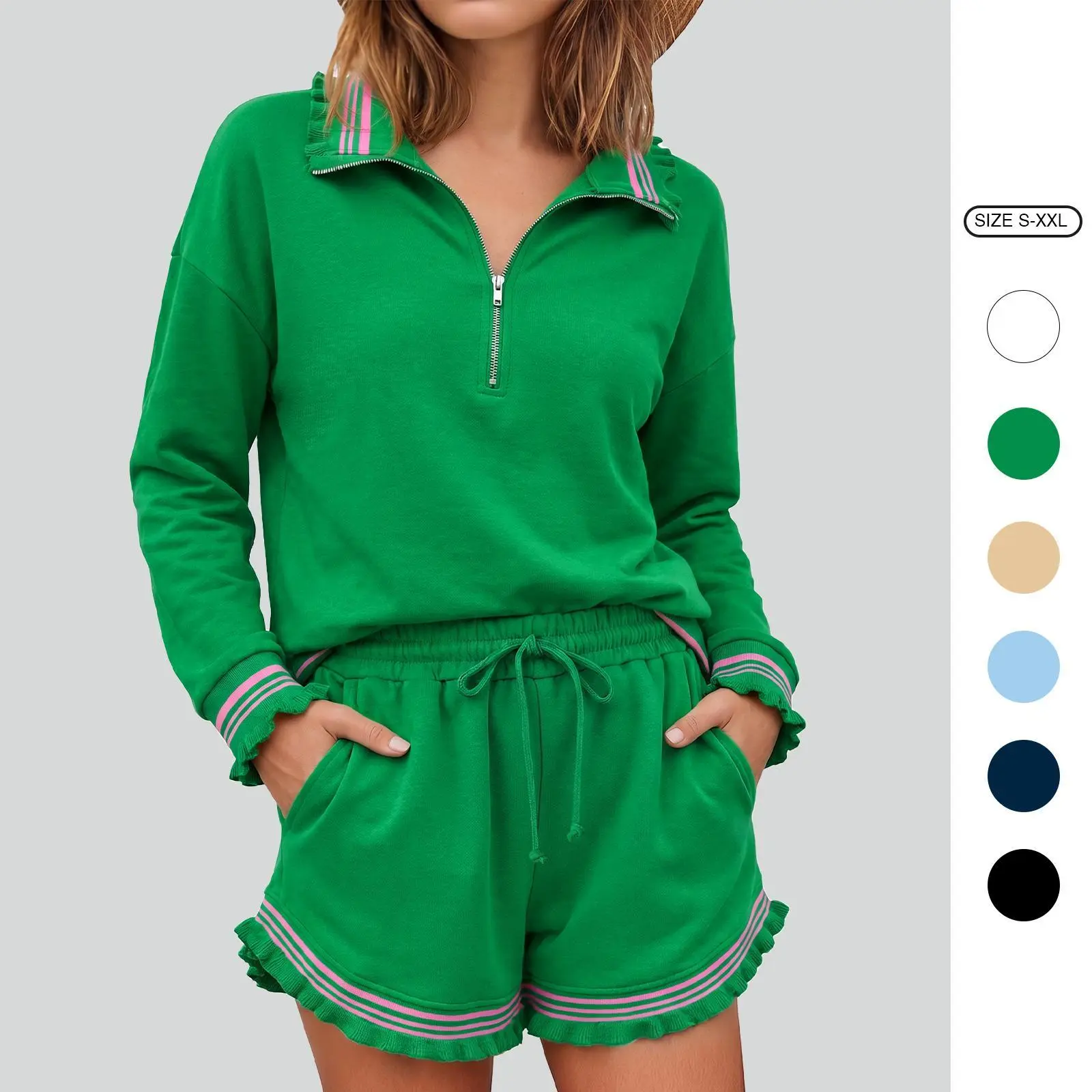 Imily Bela Womens Casual 2 Piece Lounge Set Half Zip Collar Sweat Top Ruffle Trim Striped Drawstring Pocket Shorts Soft Sweatsuit Tracksuit