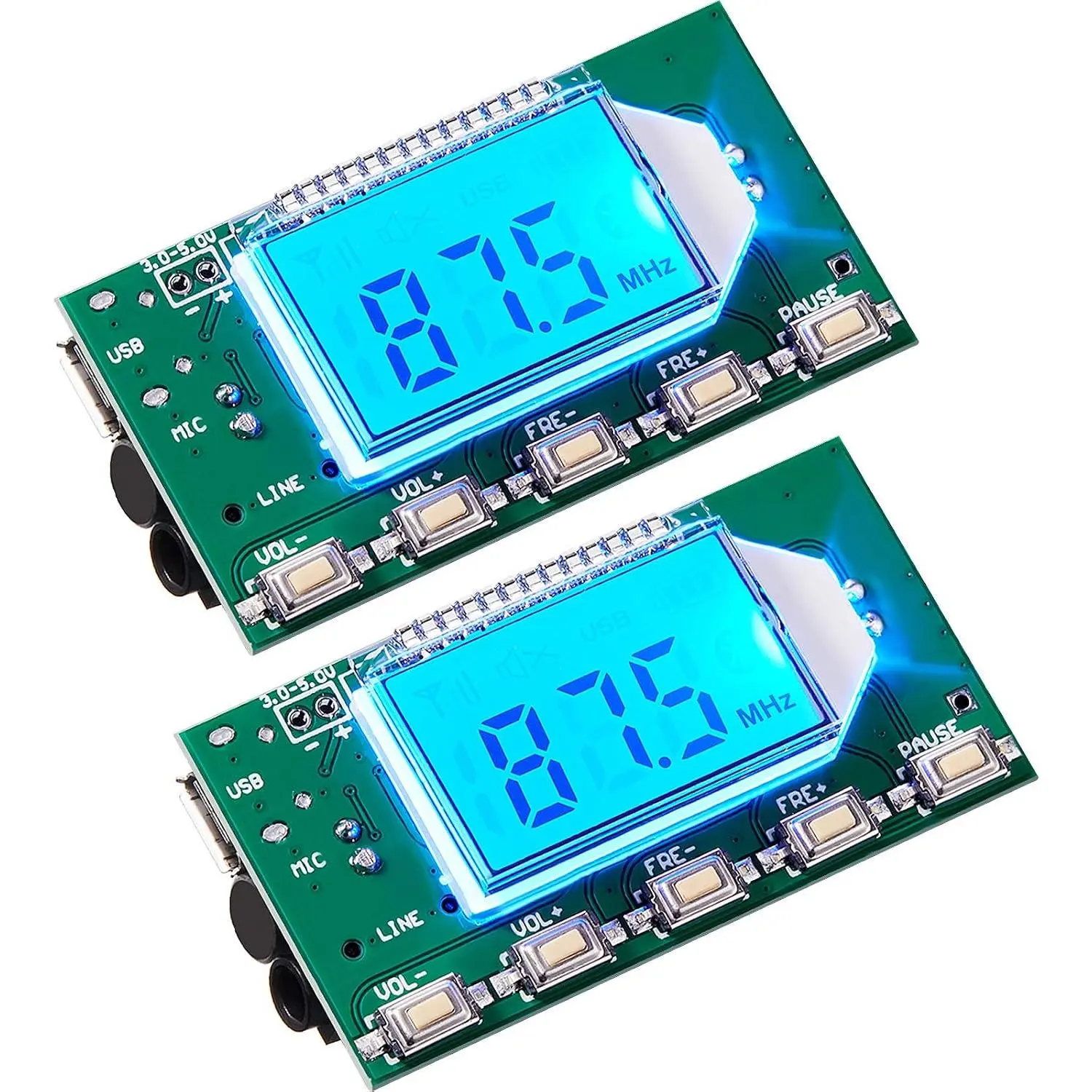 2 count Digital FM Transmitter Module Stereo FM Transmitter DSP PLL 76.0-108.0MHz Stereo Frequency Modulation with LCD Display Line/USB/Mic Input, DC 3.0V - 5.0V