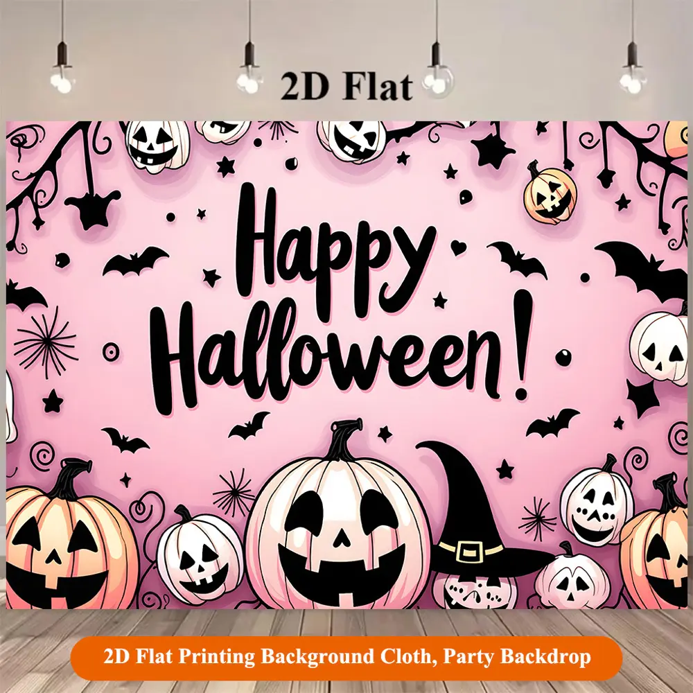 2D Flat Banner pink Halloween themed pumpkin and bat pattern polyester photography backdrop, HD digitally printed soft lightweight foldable background cloth, for holiday parties, portrait photos, product photography, video studio,