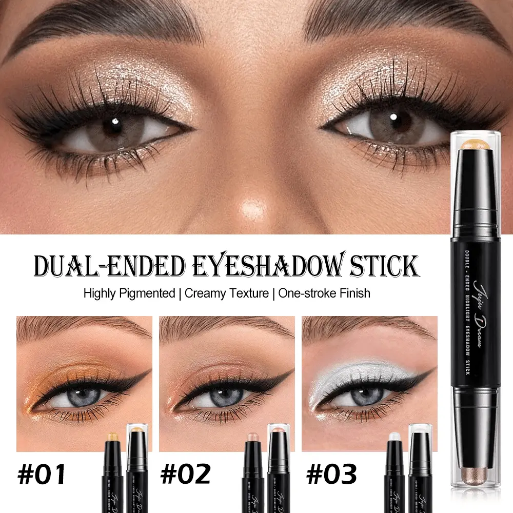 JUJU DREAM Dual Ended Cream Eyeshadow Stick 3 Shades Set, Double-head two-tone design with light shimmer highlight top & deep metallic shading bottom, silky creamy, high pigment one-stroke easy gradient eye makeup, longwear anti-smudge & sweat-proof