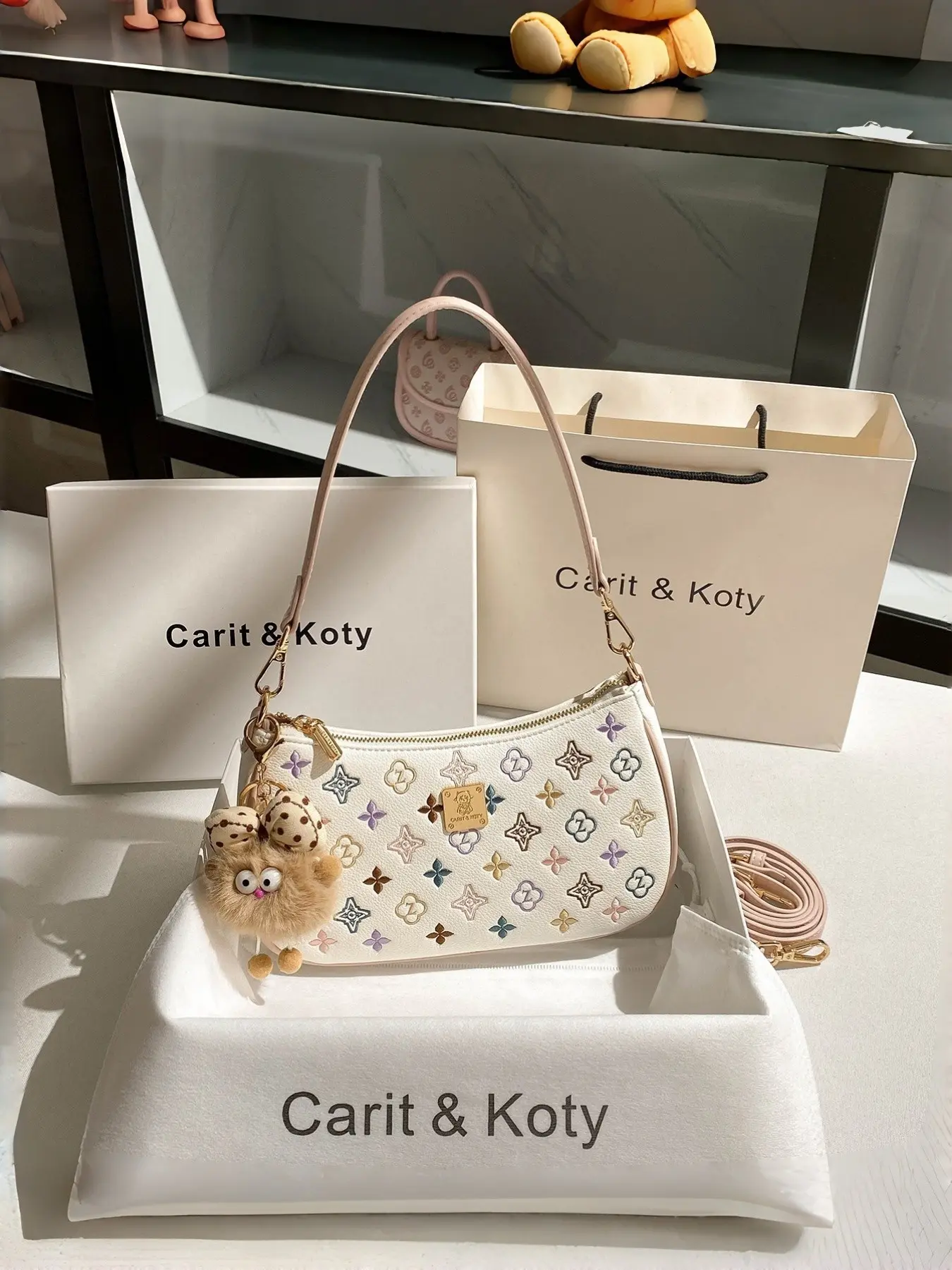 Unique Design Colorblock Shoulder Bag, New High-End Chain Crossbody Bag, Colorful Embroidered Baguette Bag, Plush Pendant Shoulder Bag, Crossbody Purse, Crossbody Handbag