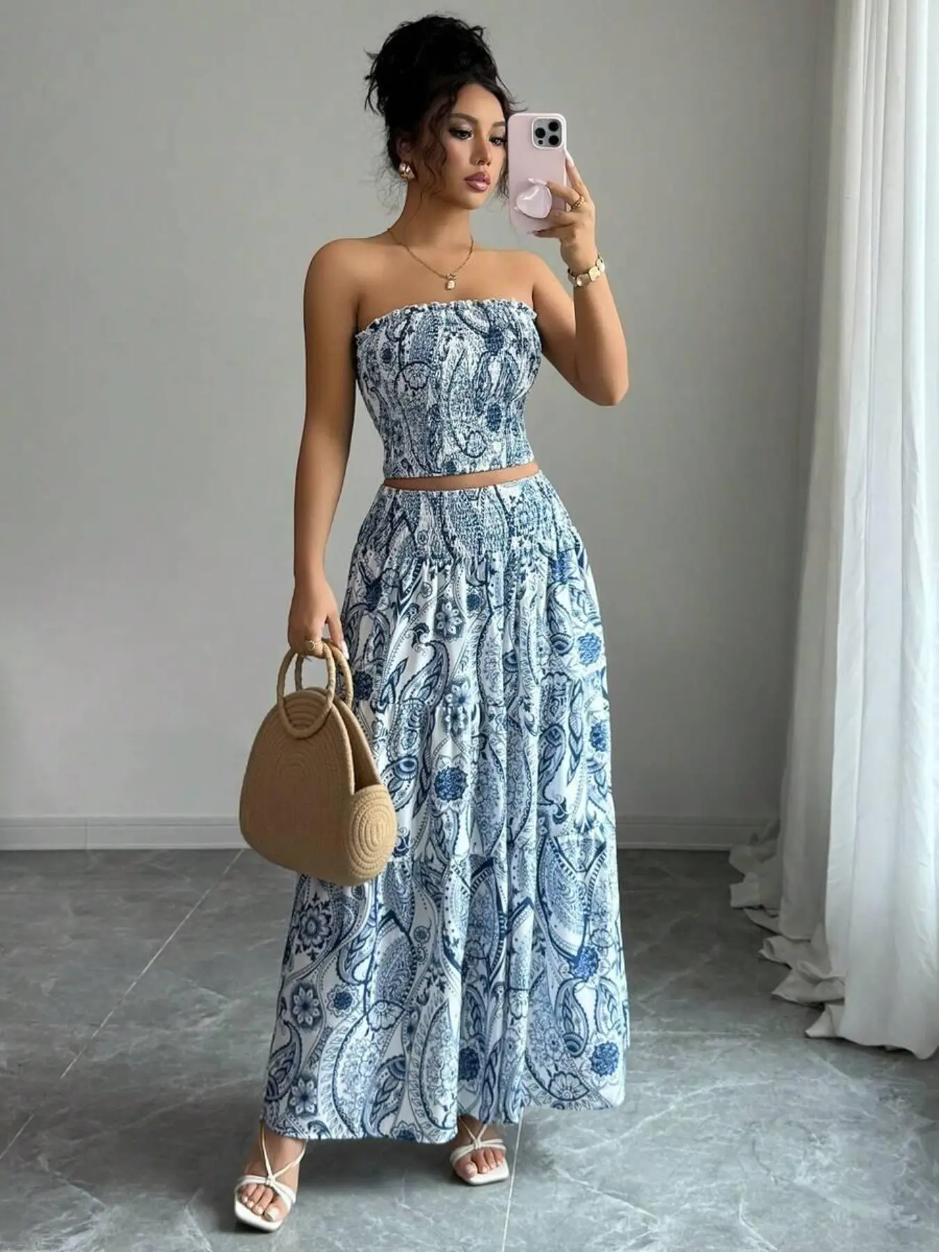 Women's Full-Body Printed Strapless Sleeveless Boho Bohemian Elegant Chic Beach Wedding 2-Piece Set, Clothes, Summer Style, Loose-Fitting, All over Print