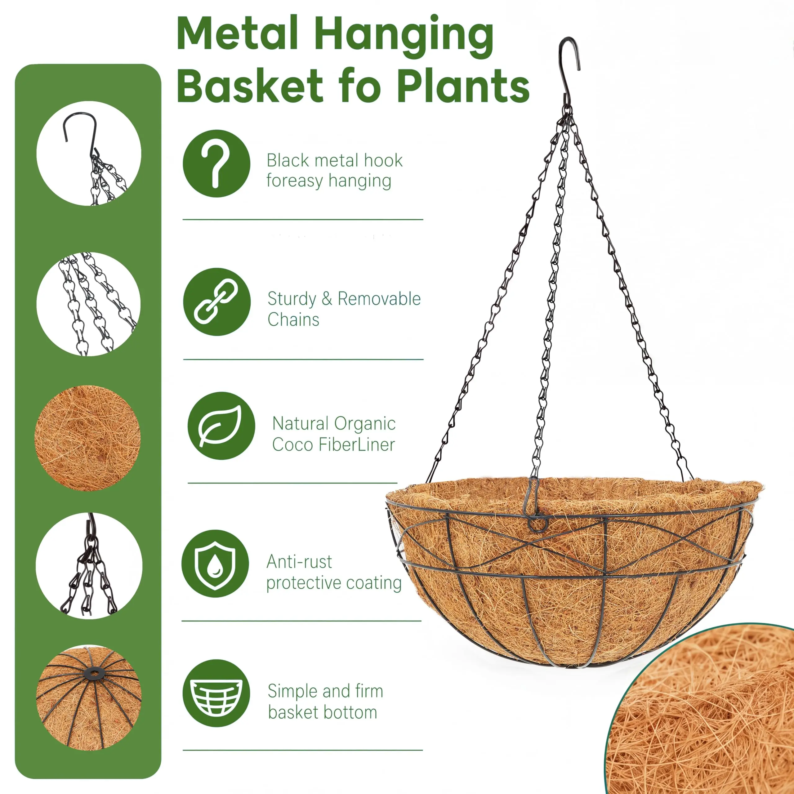Garvee Durable Metal Frame Hanging Planter with Coco Liner - Round Chain Basket, Outdoor Accessories for Patio Balcony Porch Decor, Sturdy Plant Support for Indoor/Outdoor Garden Use