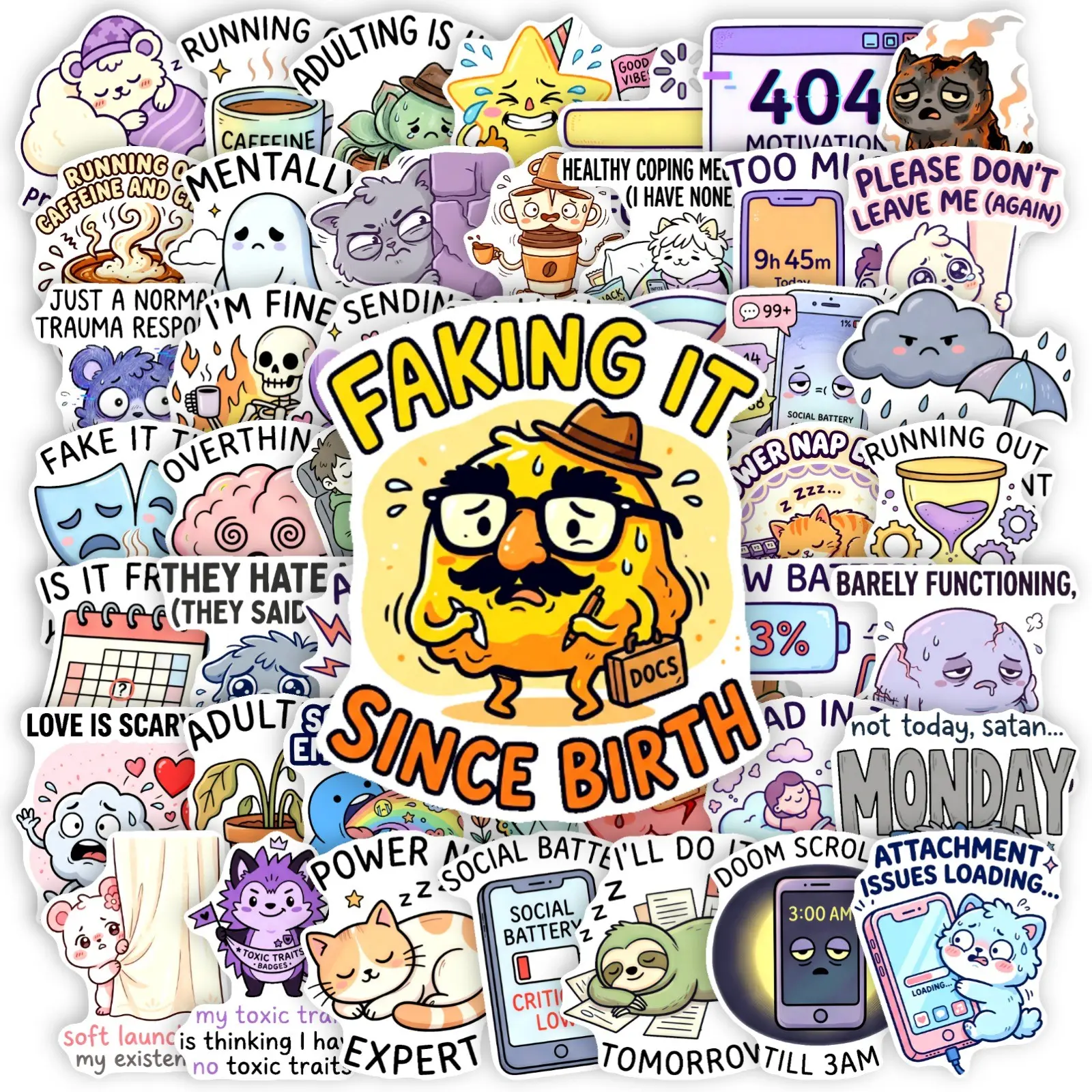 50 Sheets Fun Mental Health Stickers, Anxiety Theme Waterproof PP Stickers, for Notebooks, Water Bottles, Journals, Gifts for Introverts, Therapists