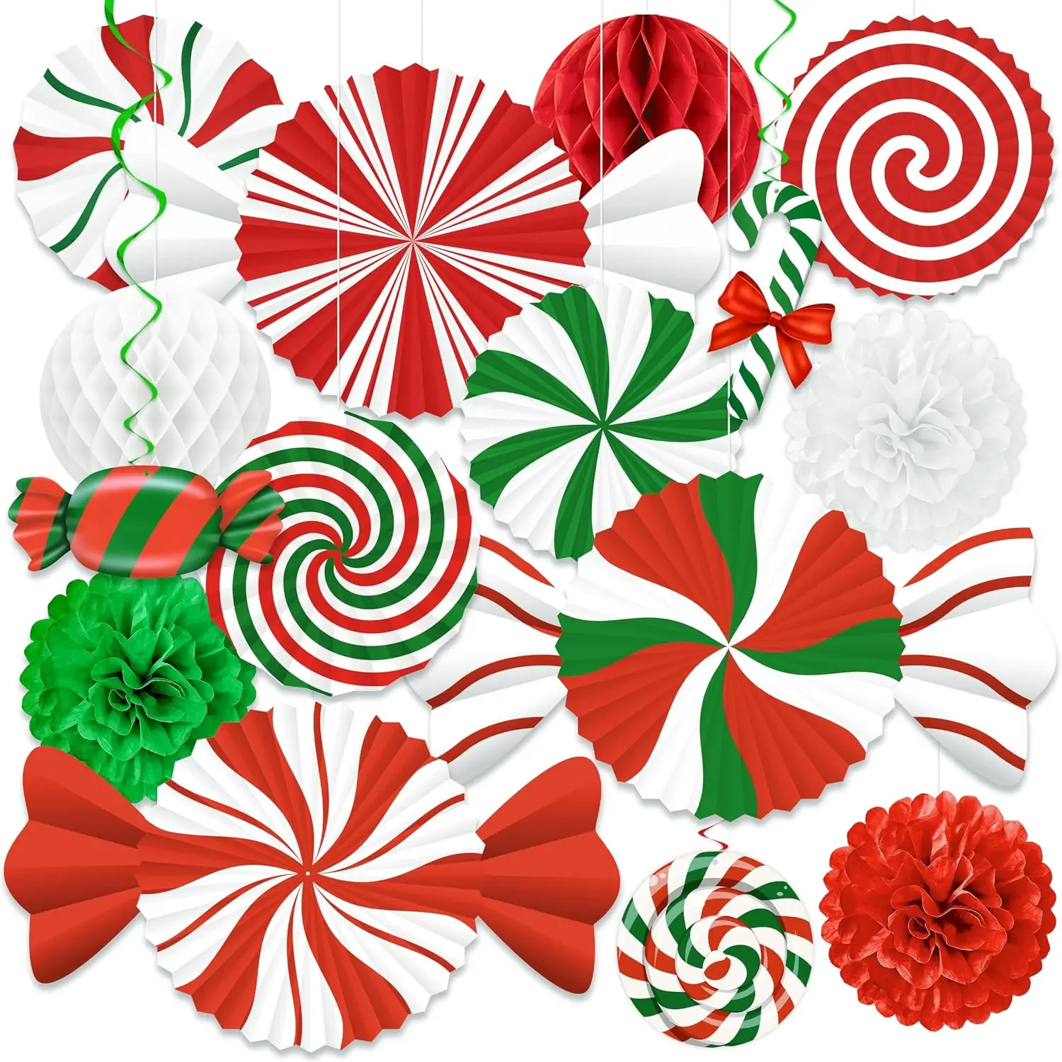 15 count Candyland Christmas Party Decorations – Paper Fans, , Swirls for Peppermint, Indoor Ceiling, Wall Holiday Decor