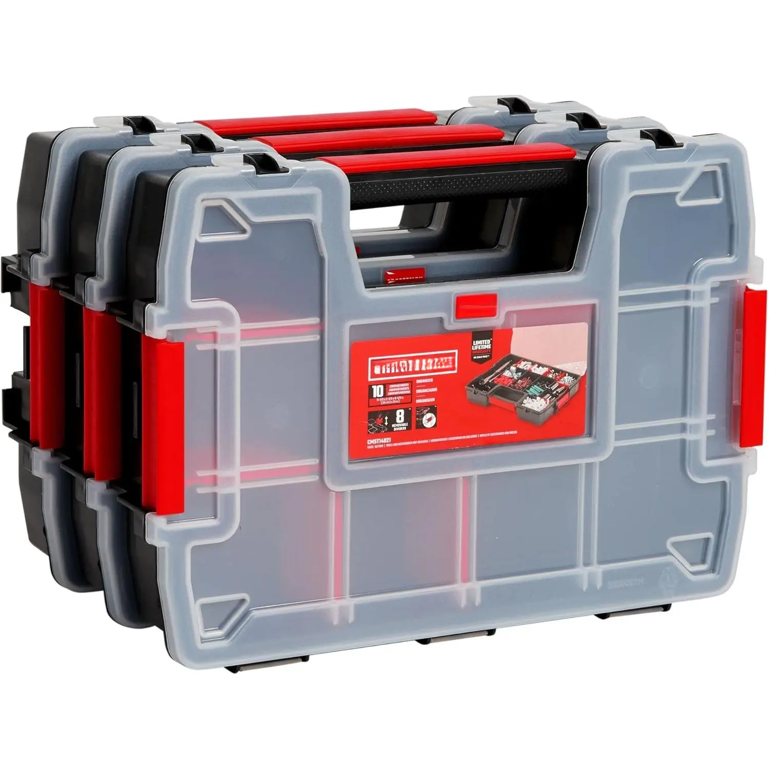 10-Compartment Tool Storage Organizer with Removable Dividers, 3-Pack Tool Cases with Secure Latch Lids (CMST60964M)