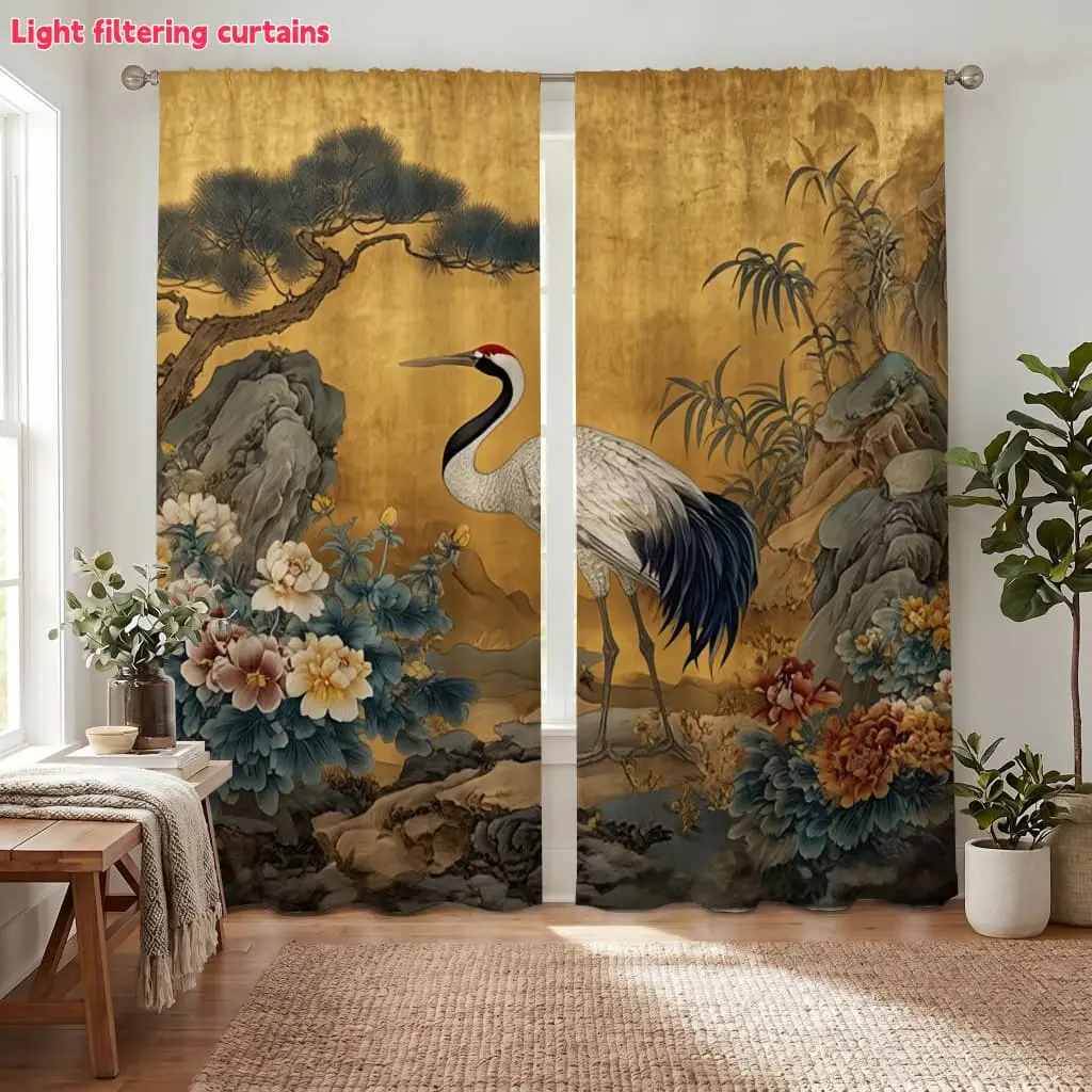2Pcs Elegant Crane and Peony Curtains, Traditional Chinese Landscape Art, Digital Printing, Light Filtering, Privacy Protection, for Living Room, Bedroom, Study, Hotel, Restaurant, Home Decor.