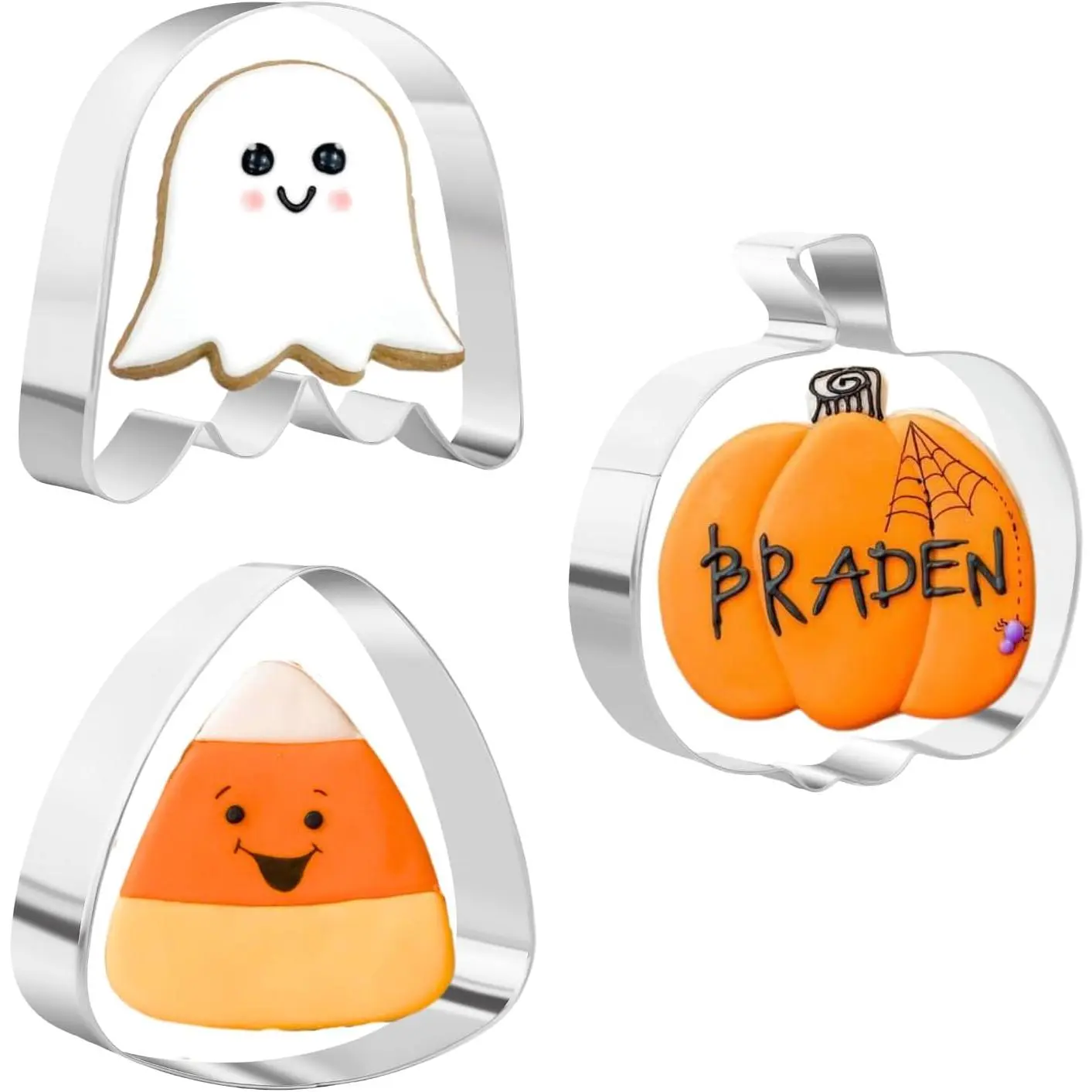 Stainless Steel Halloween Cookie Cutters Bakeware Set - 3 Pieces 4-Inch Cookie Shapes for Halloween Party, Easy Clean Baking Utensils (Pumpkin, Candy Corn)