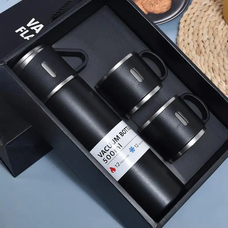 Stainless Steel Vacuum Insulated Bottle Set 500ml / 16.9oz – Double Wall Hot & Cold Water Flask with 2 Cups – Leakproof Travel Coffee Thermo Gift Set (black) Drinkware Tumbler Detachable Insulation