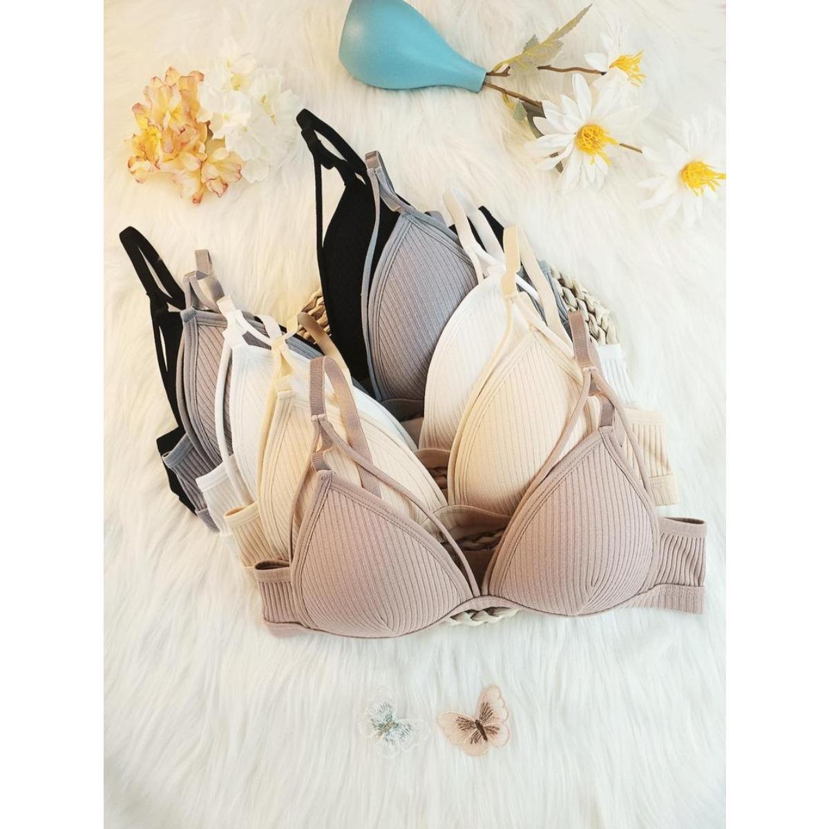 Women's Summer Basic Solid Wireless Bra, Lingerie for Women, Casual Comfortable Adjustable Strap Push Up Bra for Summer Daily Wear, Softness Lingerie Outfit for All Seasons Cotton Fabric Strapless Bras Elegant Medium Knit