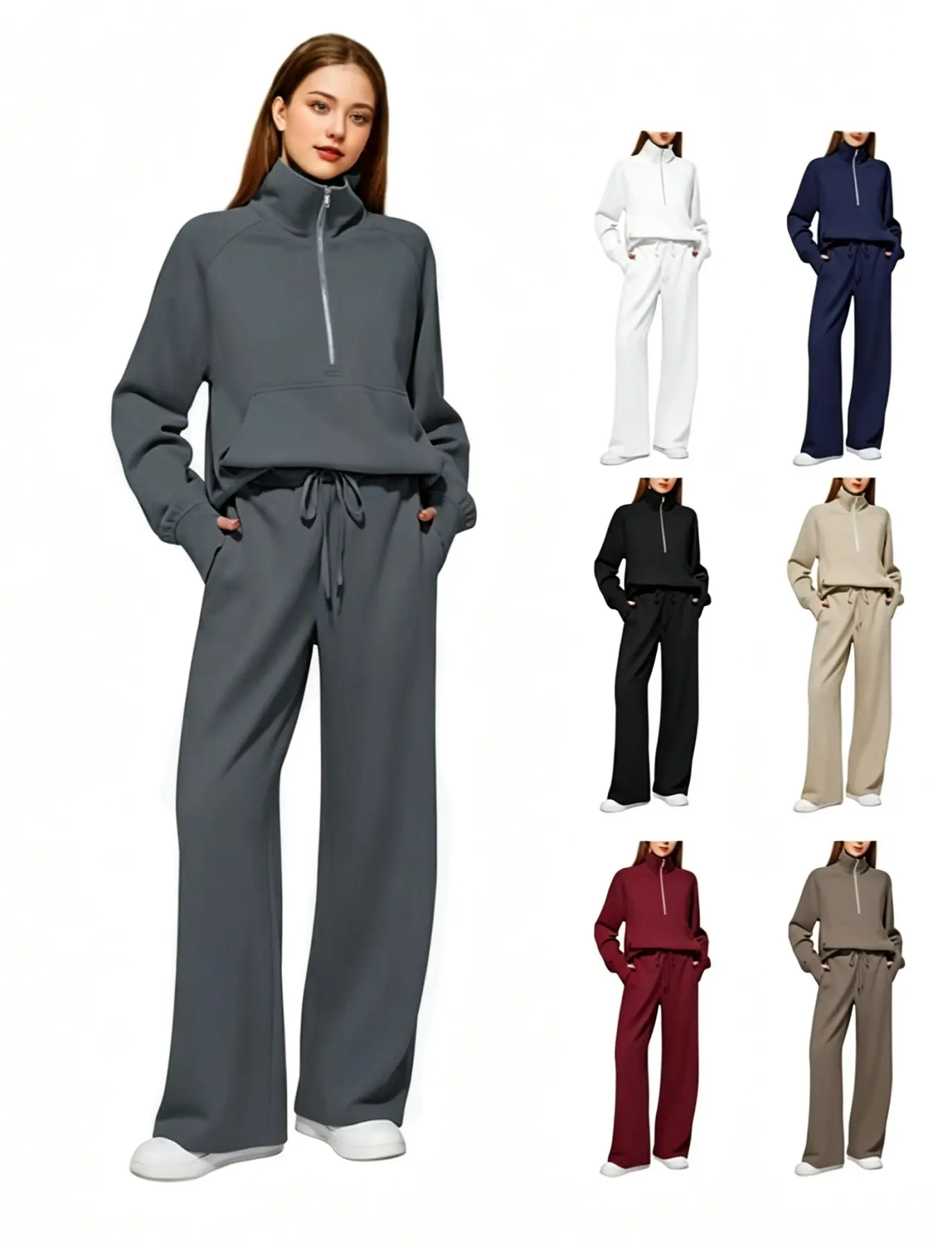 2026 Fall New Women's Casual Sports Set, Stand Collar Zipper Sweatshirt + Drawstring Wide Leg Pants, Loose Two-Piece Set, Pure Color Lazy Style, Sweatsuit