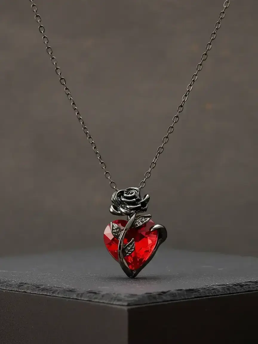 Unisex Street Style Heart Shaped Pendant Necklace, Trendy Rose Design Pendant Necklace, Fashionable Gothic Mystery Jewelry for Men & Women, Ideal Gifts, Charm Necklace, Love Heart Necklace, Hearts Pendant Necklace