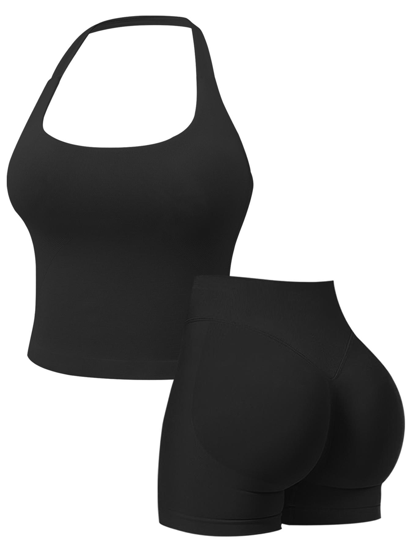 Two-Piece Set Women's Solid Color Halter Top & High Waist Shorts Sports Set, Sporty Comfy Breathable Quick Drying Outfits for Yoga Gym Workout Running, Ladies Sportswear for Summer