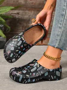 Women's Fashion Cartoon Print Mule Shoes, Lightweight Eva Material, All-Season Closed-Toe Platform, Ideal for Beach and Garden, Garden Clogs