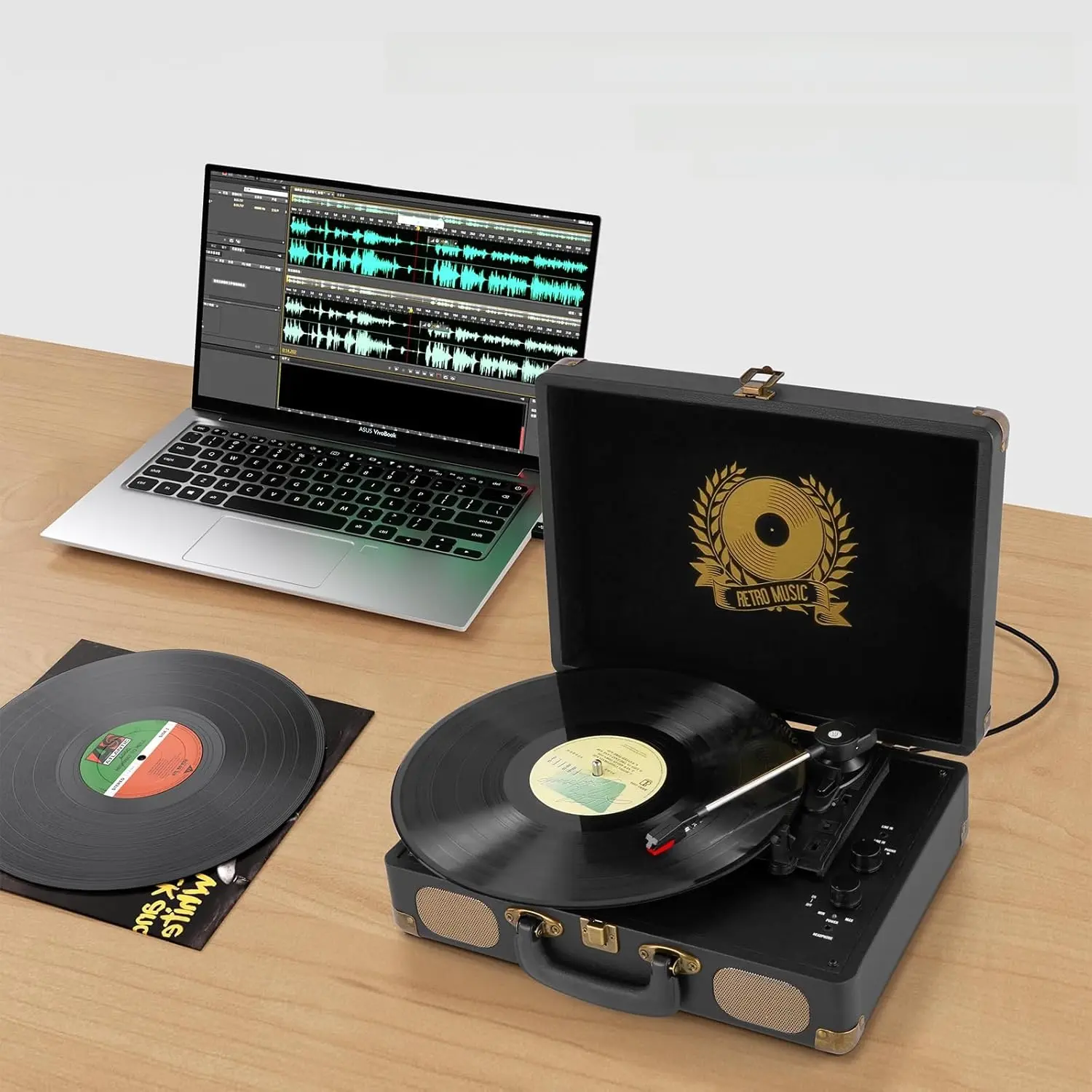 Vintage 3-Speed Portable Bluetooth Turntable Vinyl Record Player with Leather Look, Built-in Stereo Speakers, RCA/AUX/Headphone Jacks, USB MP3 Recording Function, Usb Recording