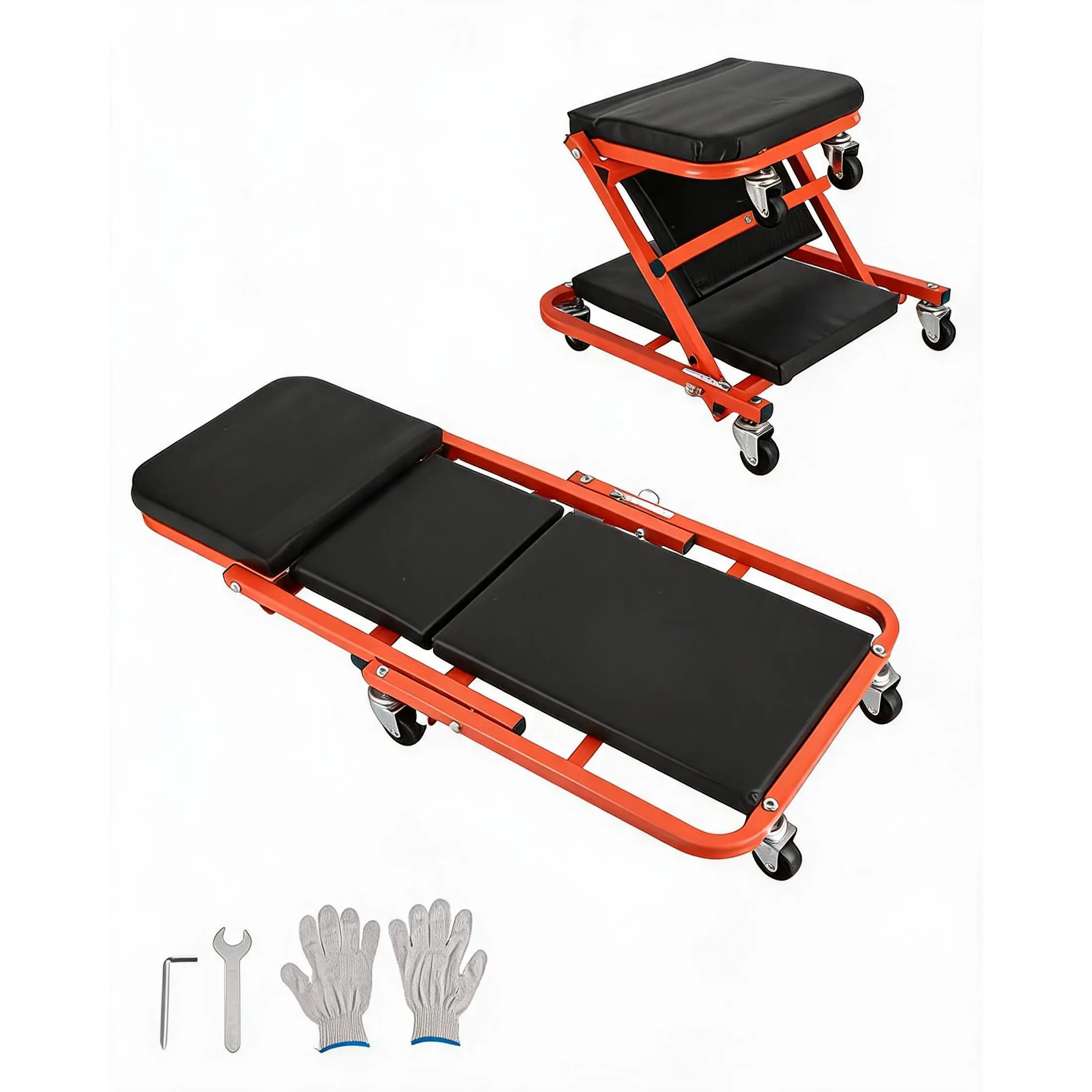 2-in-1 Collapsible Mechanic Creeper Seat – 36" Adjustable Rolling Garage Workshop Chair – 330 lbs Heavy Duty Capacity – 6 Swivel Wheels – Comfortable Padded Under Car Repair Tool