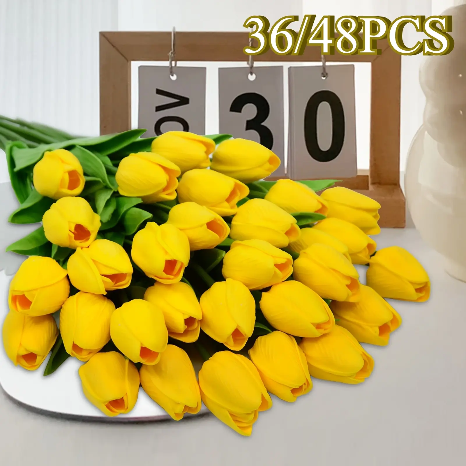 36/48PCS PU Artificial Yellow Tulip Stems Bouquet, Real Touch Fake Tulip Flowers, Long Lasting Faux Floral Arrangement for Home Table Wedding Party Decor, Valentine Mother's Day Gift(No Vase Included)