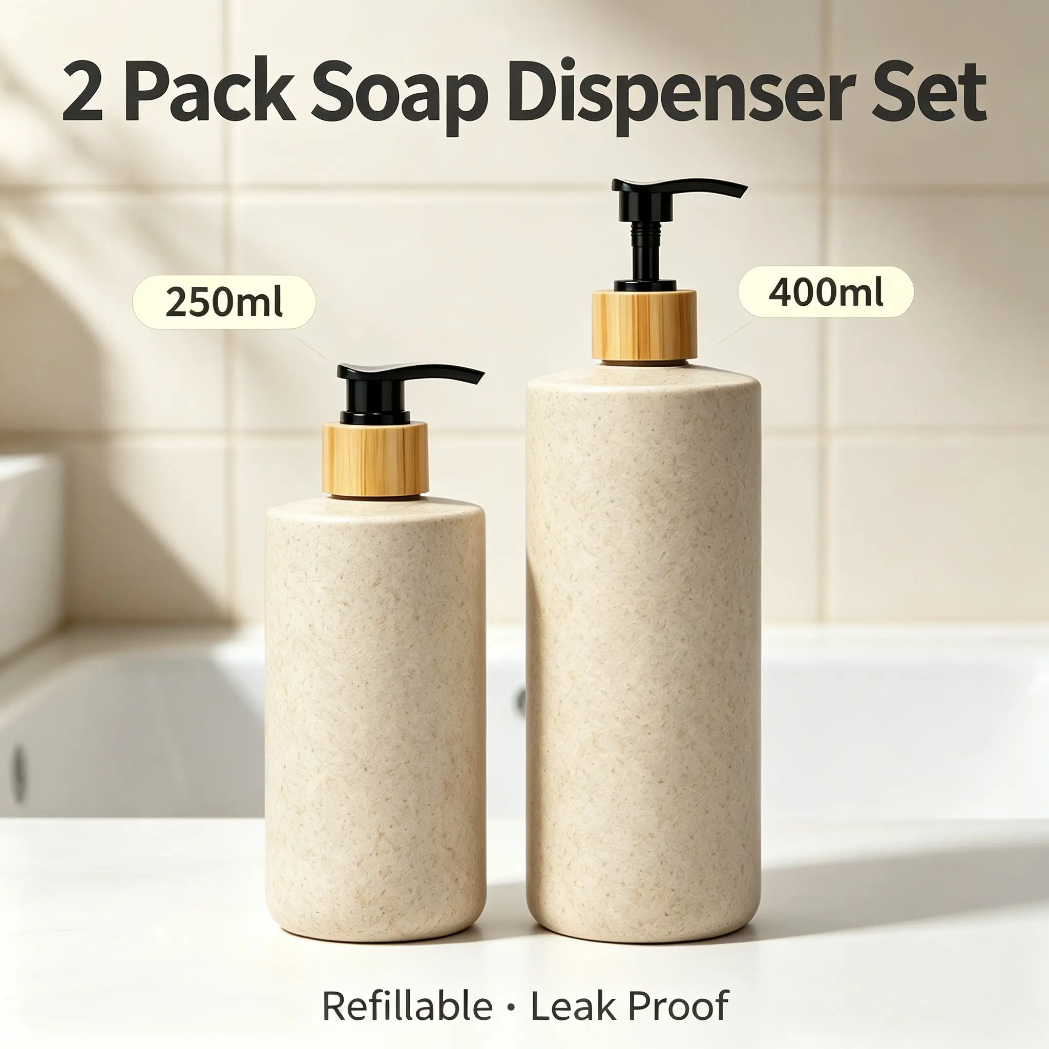 2Pcs Wheat Straw Soap Dispenser Bottles, Bamboo Ring With Black Press Pump, Refillable Container for Shampoo Body Wash Hand Soap, Bathroom Hotel Home Decor