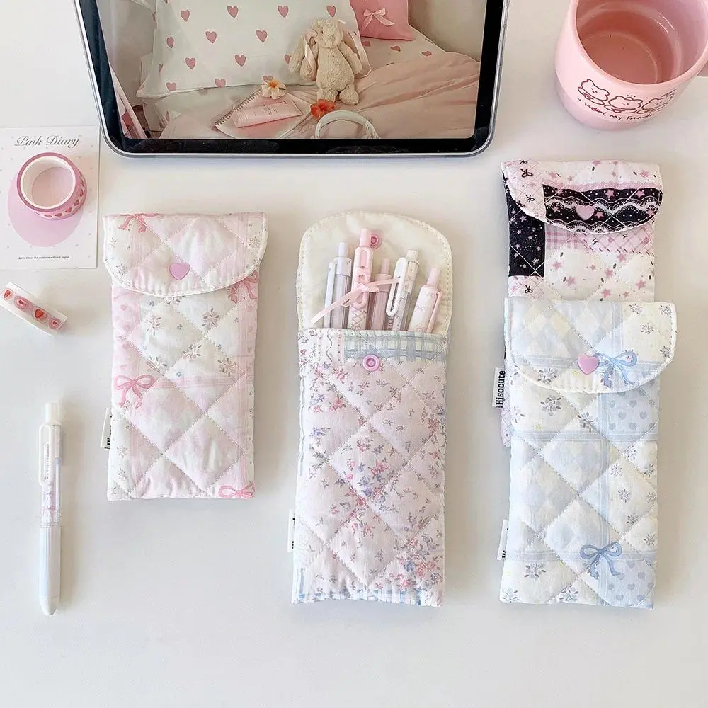 1pc Fashion Floral Bow Snap Pen Bag Student Stationery Girl Portable Glasses Storage Bag Large Capacity Travel Makeup Bag Gifts