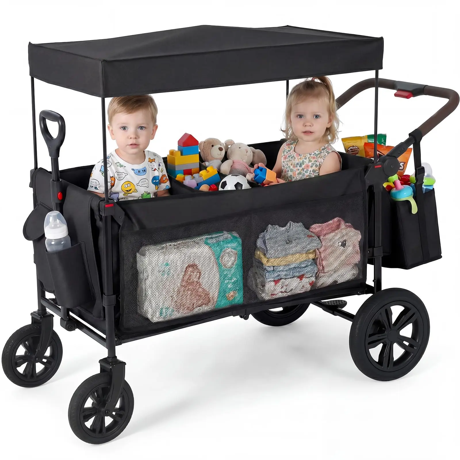 GARVEE Wagon Stroller 2-Seater Foldable All-Terrain with One-Hand Adjustable Push Pull Handle, Removable Canopy, 5-Point Harness, Large Storage Pocket in Black