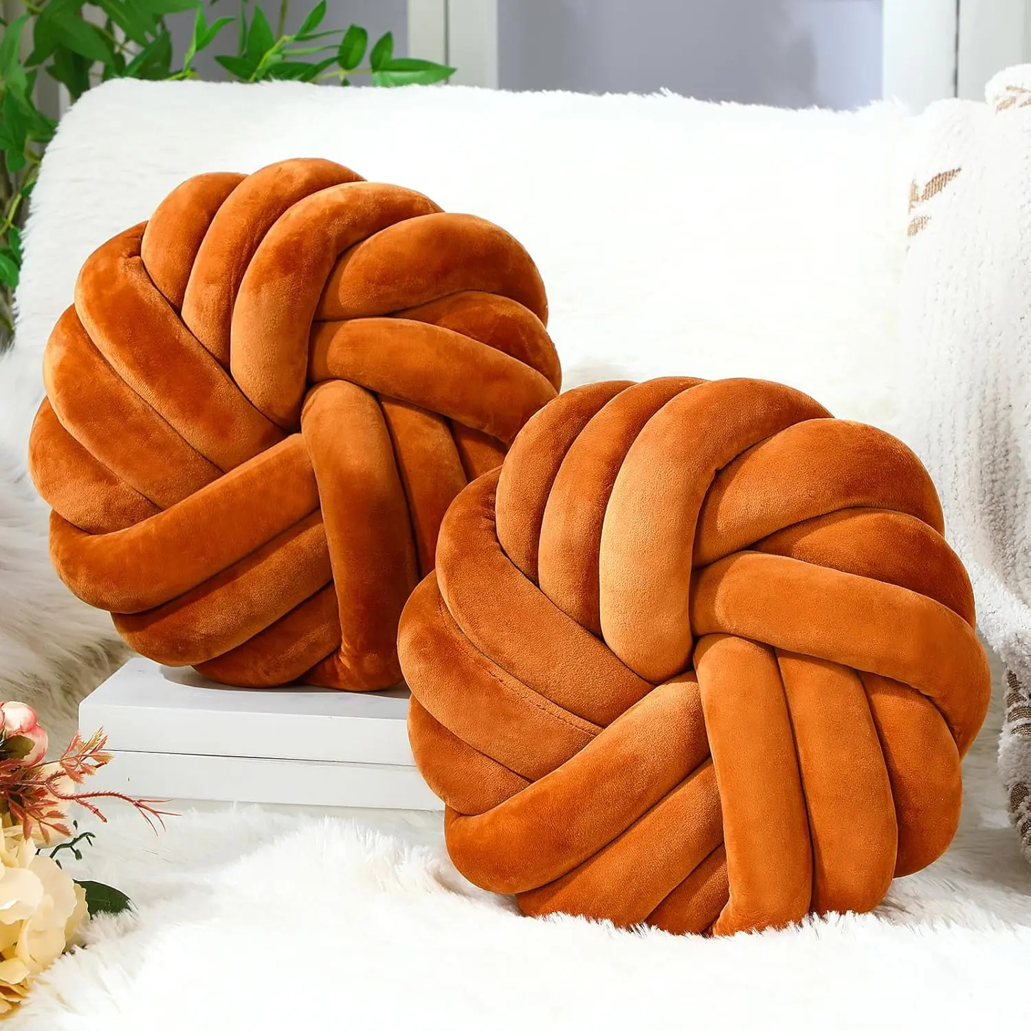2 count 14 Inches Knot Pillow Round Throw Soft Plush Knot Ball Pillow  Knotted Modern  Decorative Cushion for Bed Bedroom, Sofa, Couch (Caramel Color)