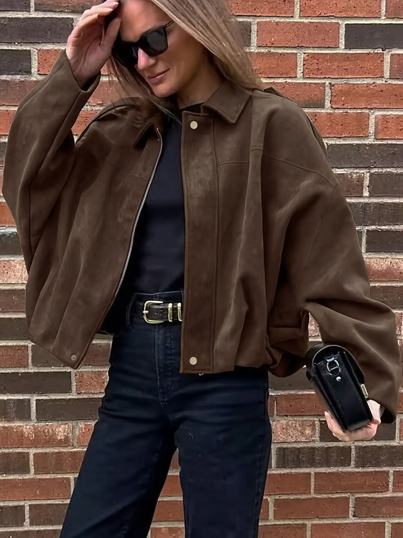 Women's Vintage Notched Collar Suede Short Jacket, Loose Fit Drop Shoulder Motorcycle Style Casual Coat, Women's Fashion Outerwear