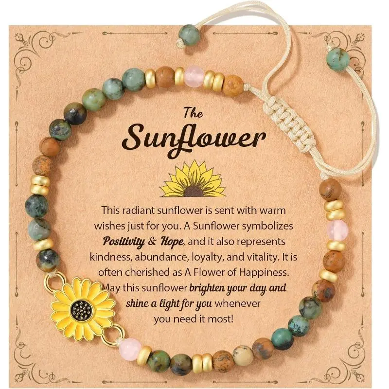 Sunflower Stainless Steel Bead Bracelet for Women with Rose Quartz, African Turquoise & Picture Jasper, Adjustable Rope Cord 6.5"-10.5", Gift of Positivity and Warmth, Gift-Ready