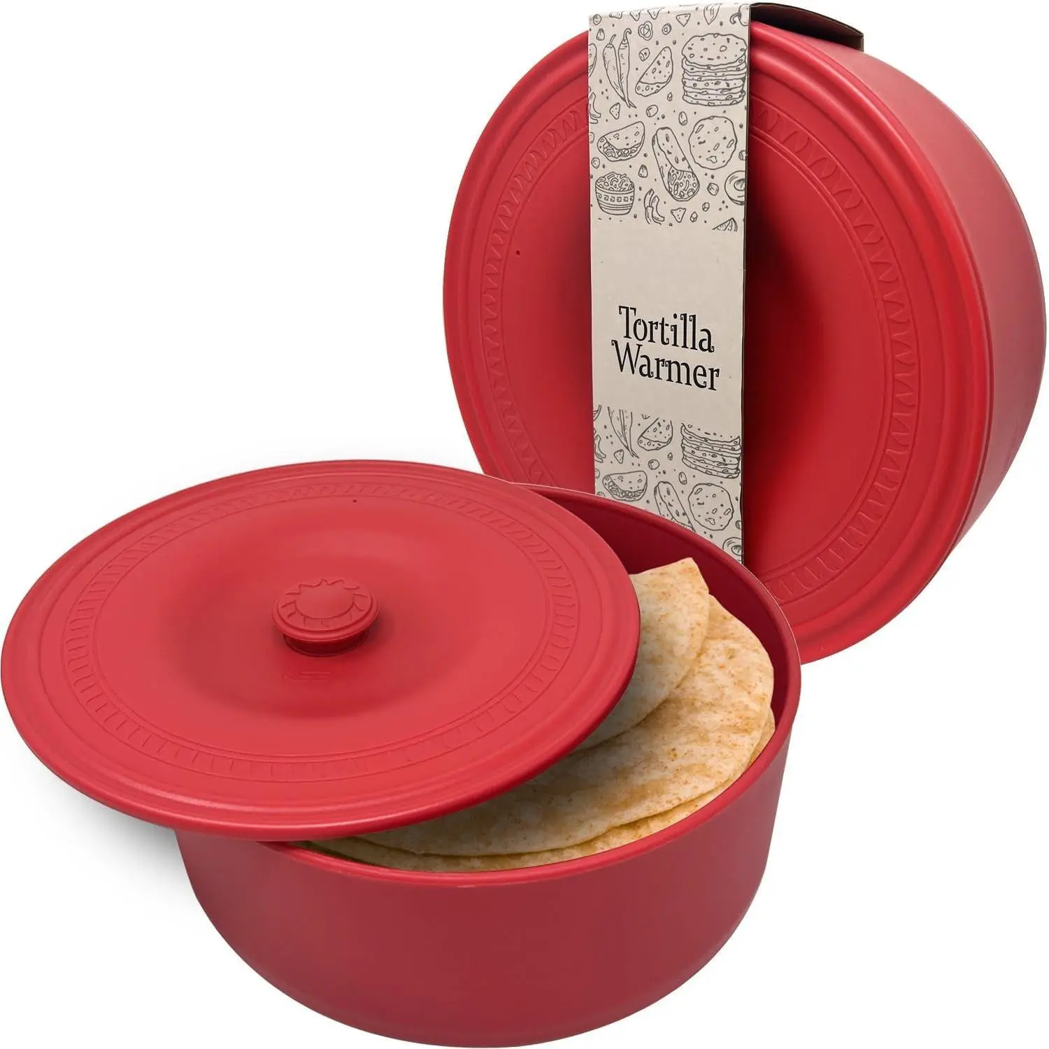 Tortilla Warmer (9" x 3.1"-Inch) Insulated Container with Lid, Fits up to 20 Tortillas,  Microwave & Dishwasher Safe Holder Box For Torilla, Taco, Chapati, Flat Breads (1 Pack - Red)