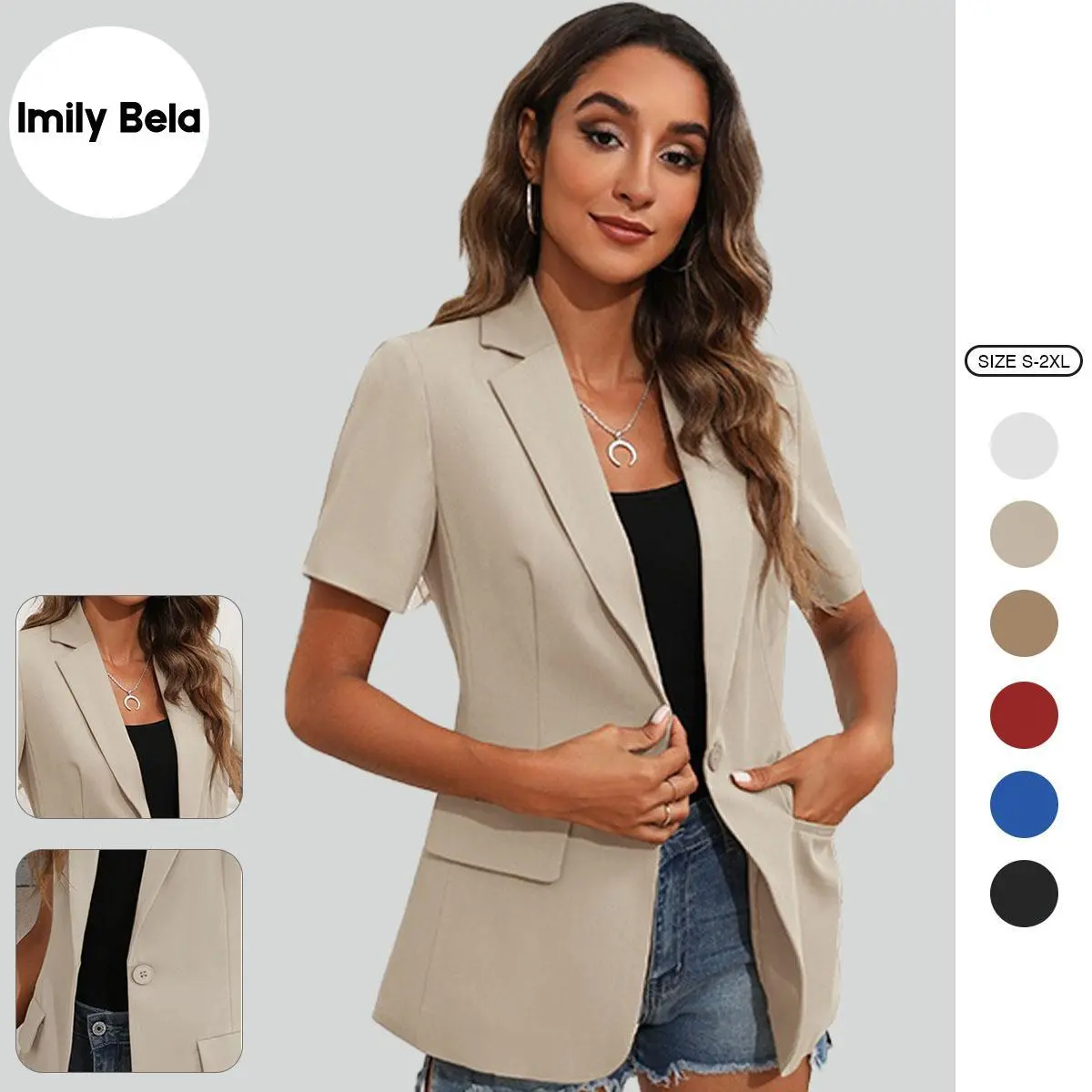 Imily Bela Women's Fitted Short-Sleeve Blazer - Clothes with Fitted Cut, Basic Minimalist Open-Front Lapel Suit Jacket for Business Casual Work Office & Daily Use, No, White