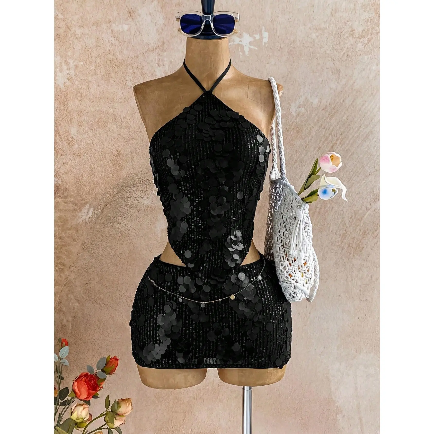 Women's Shimmering Sequin 2-Piece Set, Sleeveless Backless Halter Top and Lightweight Mini Skirt for Vacation Party, Shimmer, Comfortable, 2 Piece Sets, Two Piece Sets Women