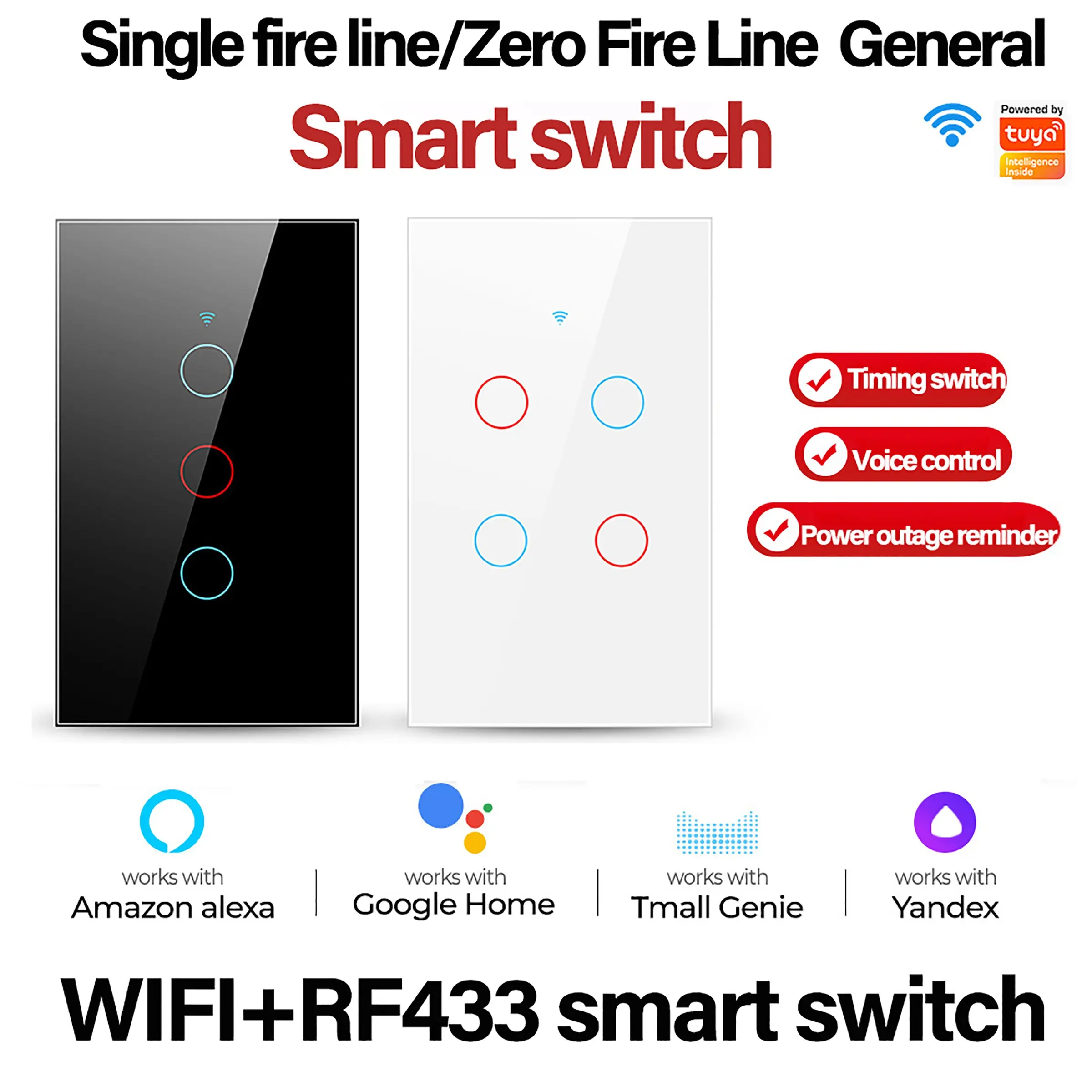 Tuya WiFi RF Wall Touch Wireless Light Switch, Smart Switches for Lights, Single/zero Fire Line, Tempered Glass Smart Panel, APP Voice Control, Home Automation, Energy Saving