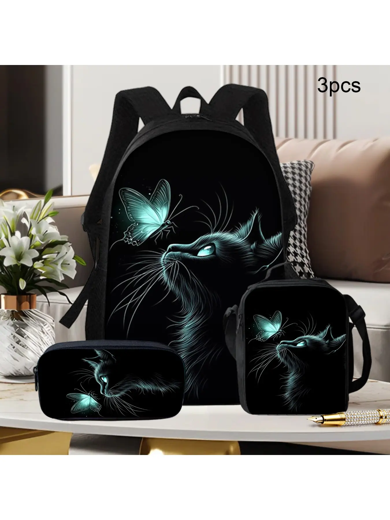 3-piece - Black Cat Butterfly Eye Backpack Bag Set, including women's backpack, crossbody bag, and pencil case. Zipper design and adjustable shoulder strap enhance practicality, cool and lightweight, making it a must-have for school commuting and travel,