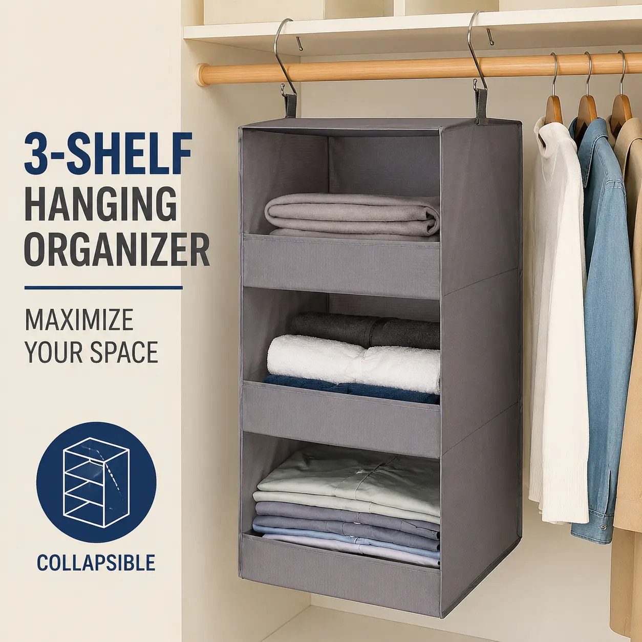 Hangable 3-Shelf Closet Organizer Racks, Collapsible Gray Storage Shelves (29.5x12x12"), 1-Pack for Closet, RV & Baby Room Organization