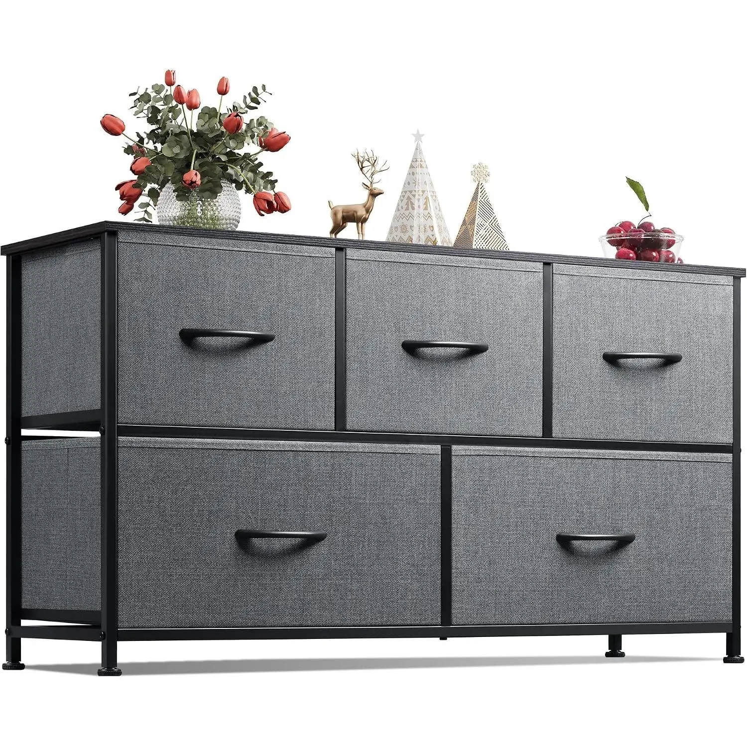 5-Drawer Wide Fabric Dresser for Bedroom, Indoor Furniture Storage Unit Closet Organizer with Fabric Bins, Dark Grey
