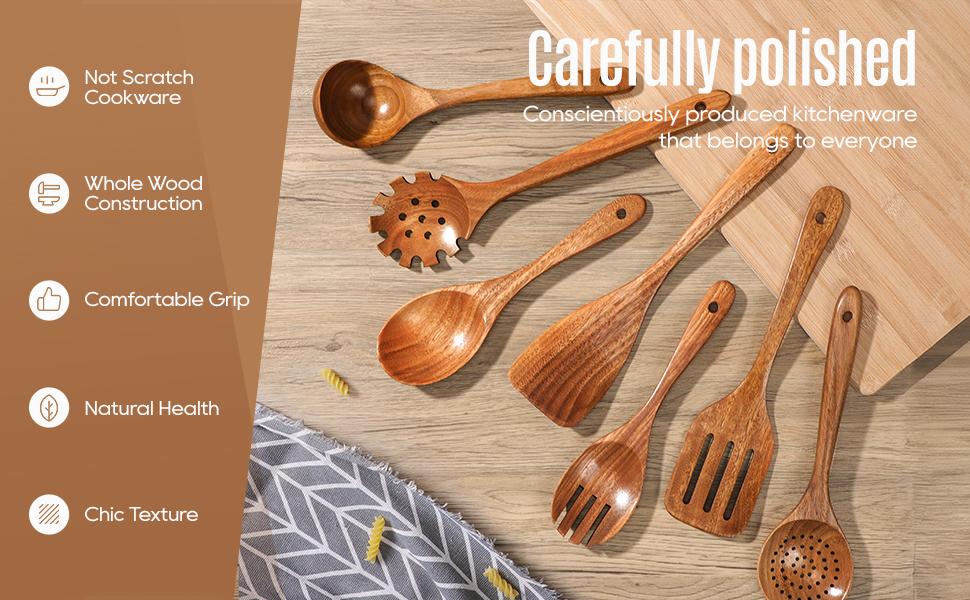 7 PCS Wooden Spoons for Cooking Natural Teak Kitchen Utensils Smooth Non-Stick Surface Cooking Utensils Set Soft Comfort-Grip Wooden Utensils for Cooking