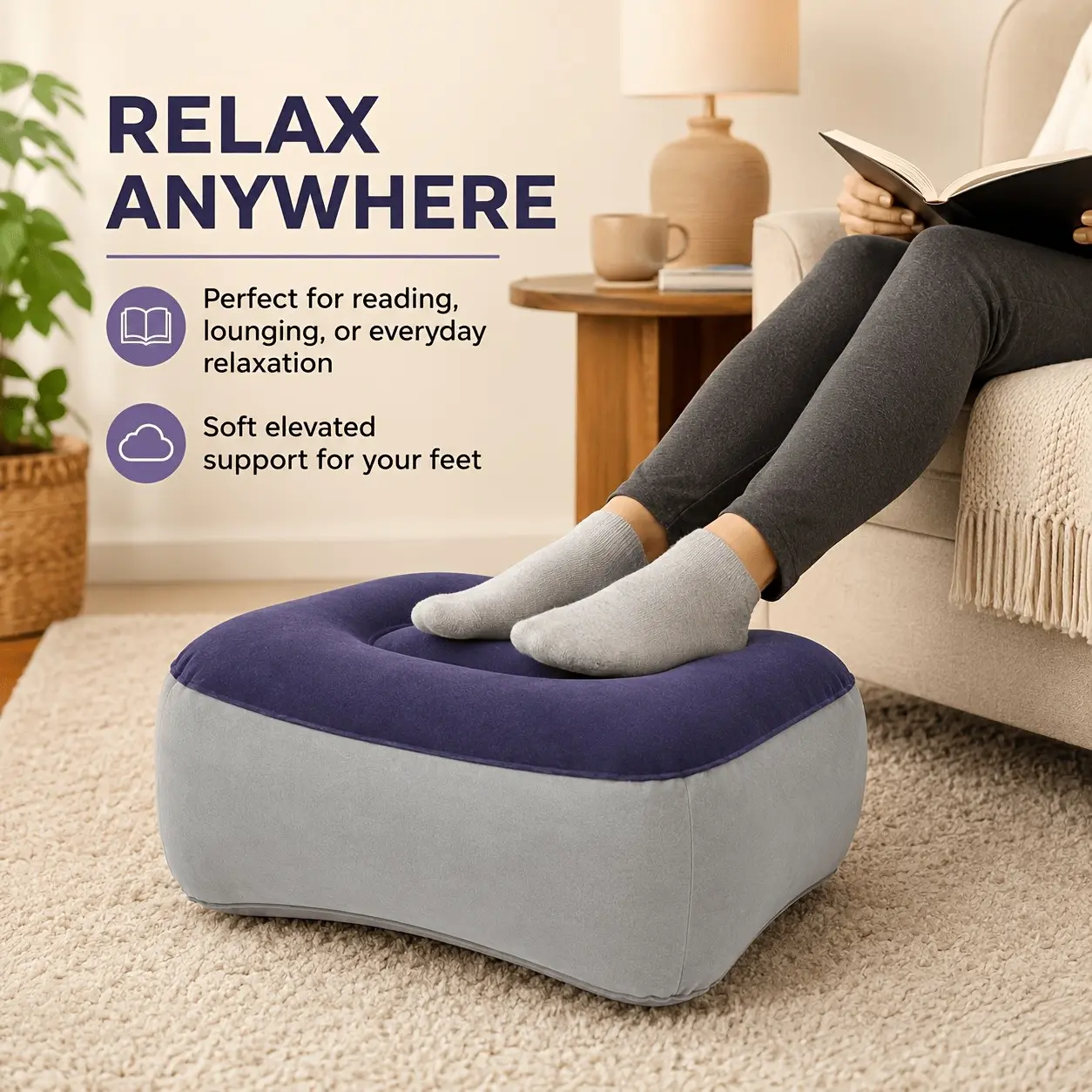 Thickened PVC Inflatable Footrest, Adjustable Inflatable Footrest for Long Trips, Portable Foot Rest for Home Office, Foldable Storage
