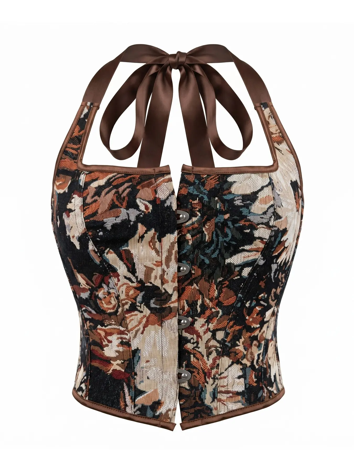 Women's Vintage Oil Painting Floral Print Halter Neck Top, Back Bow Sleeveless Tight Bodysuit, Metal Button Y2K Short Strap, Retro Party Tank