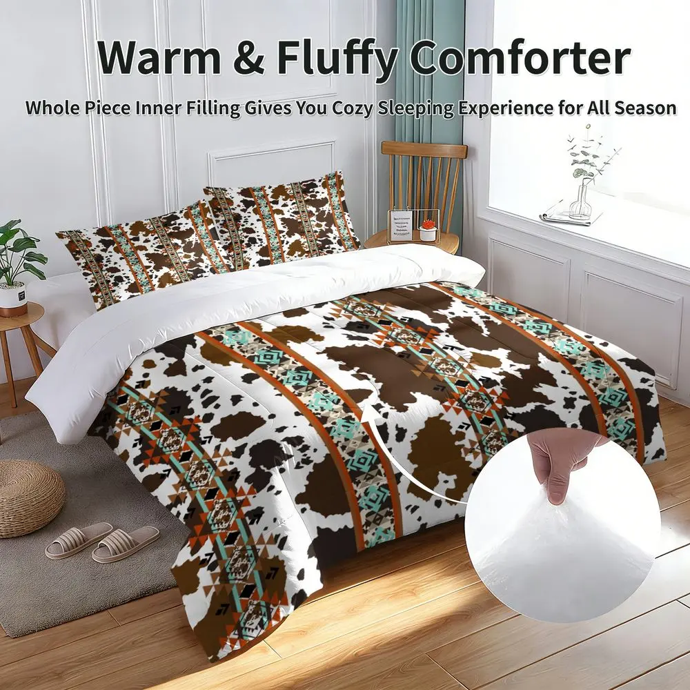 2/3Pcs Western Cow Print Comforter Set, Rustic Southwestern Aztec Quilt Bedding Set with Pillowcase, Soft Microfiber Farmhouse Bedroom Decor for Girls Women, All Season Bedspread No Pillow Core