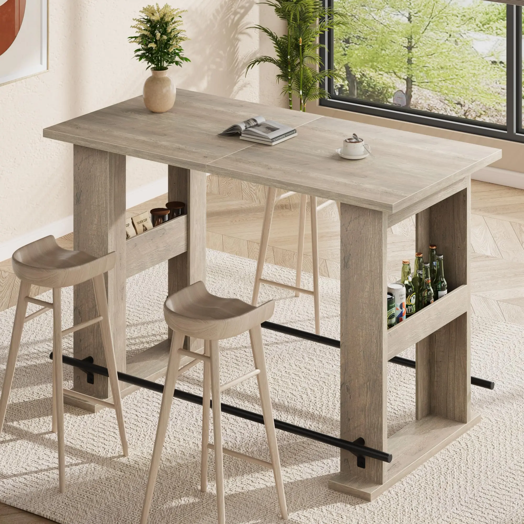 Gaomon Bar Height Rectangular Farmhouse Dining Table - Outdoor Pub Bistro Table with 2 Storage Shelves and Metal Footrest