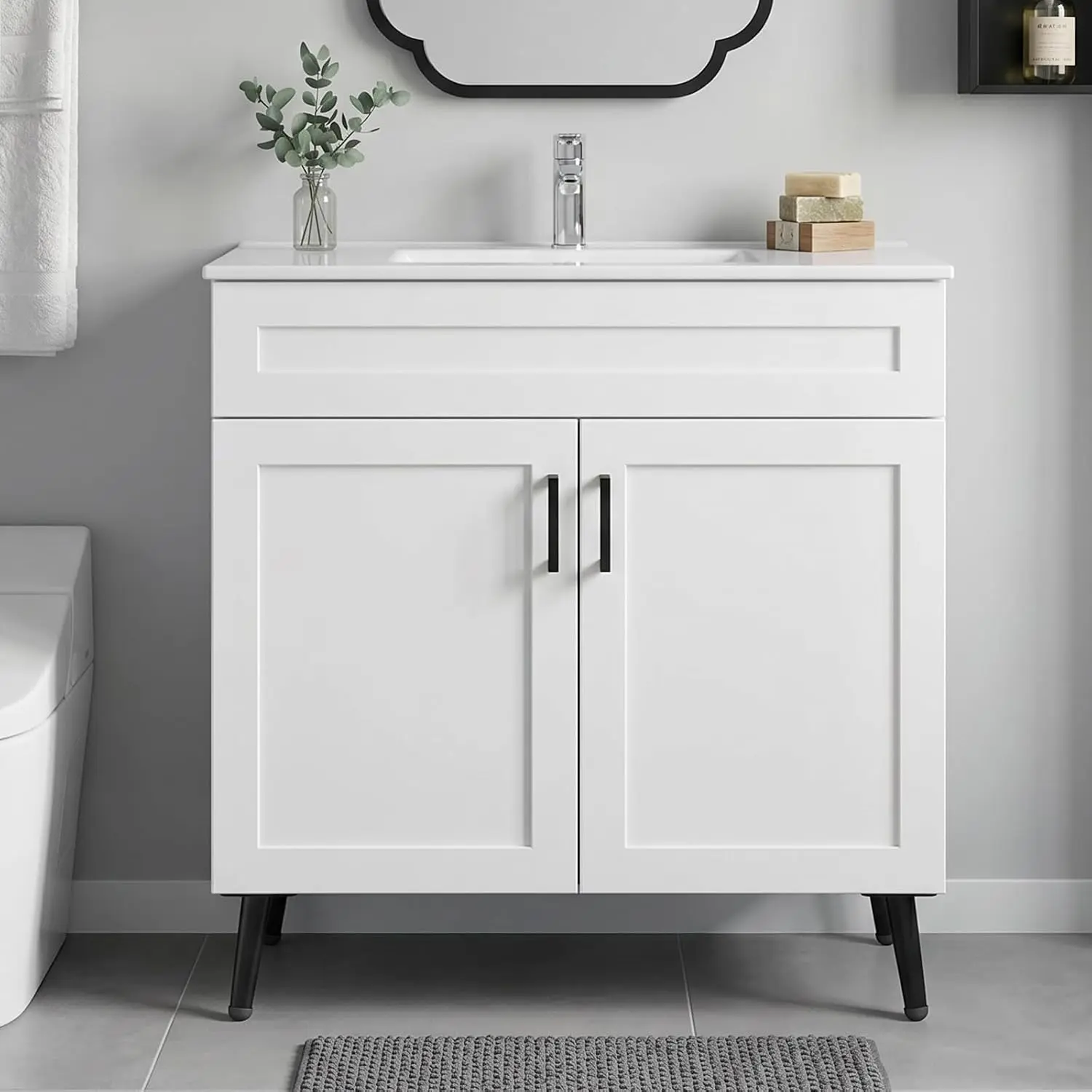 36 Inch Bathroom Vanity with Sink, Modern Wooden Freestanding Bathroom Storage Cabinet with 2 Doors and 1 Drawer, Metal Legs, Painted Surface, White
